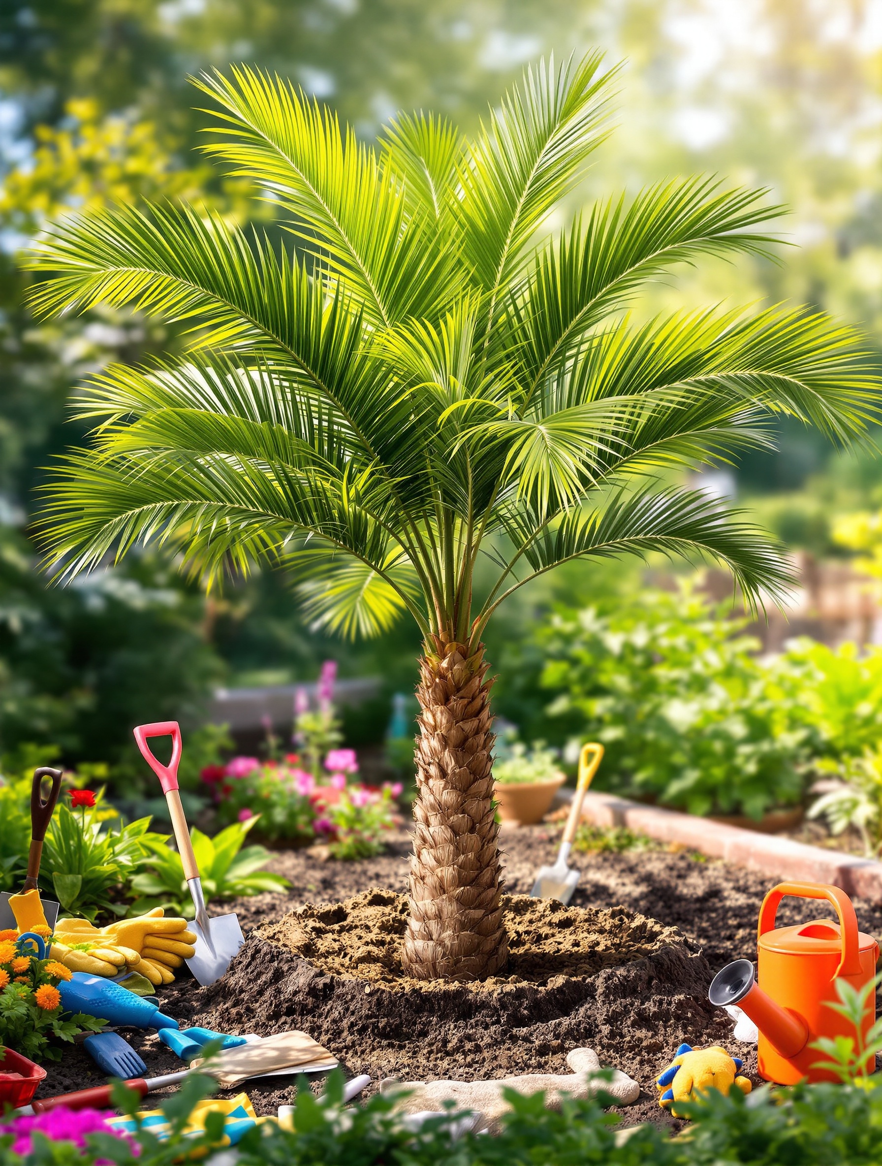 Palmier fraîchement planté dans un jardin moderne avec outils de jardinage