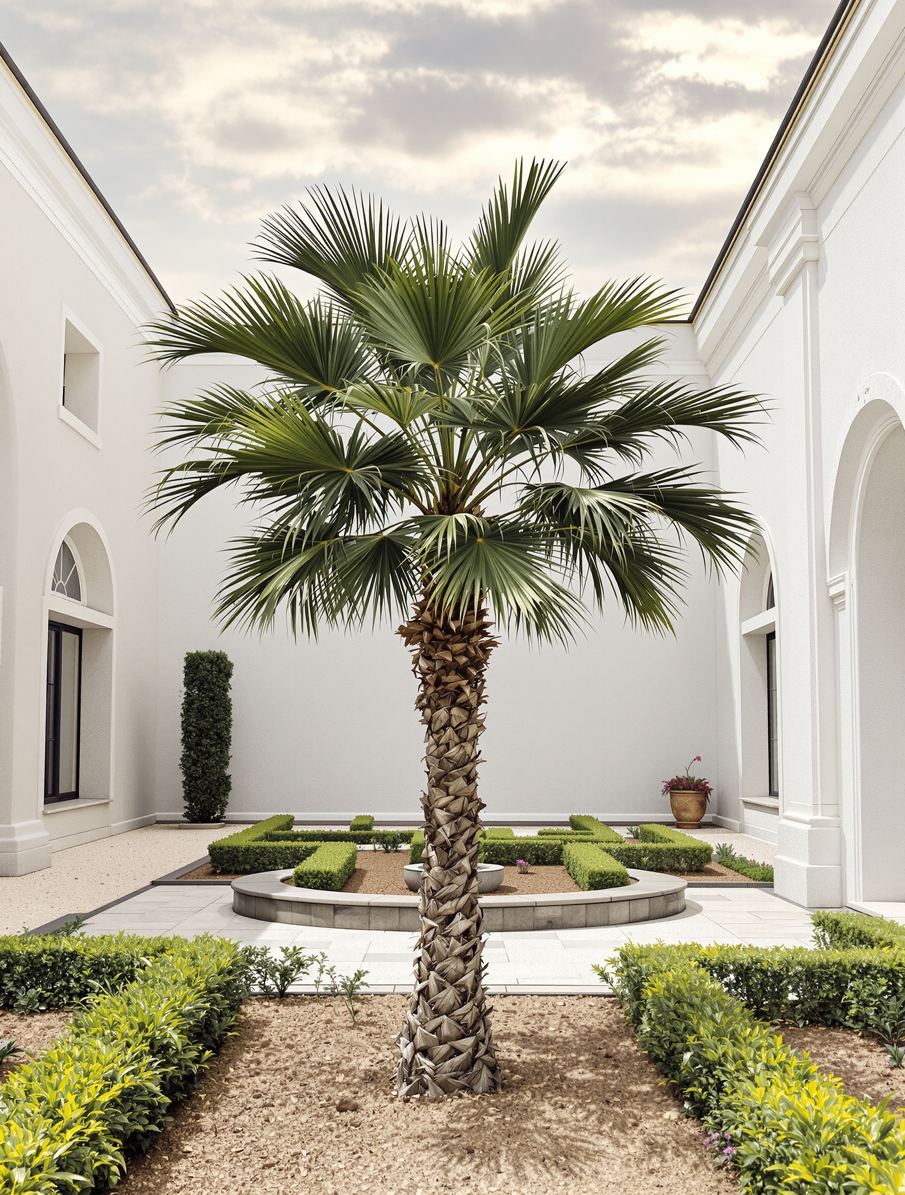 Palmier architectural dans un jardin français inspiré de Magritte