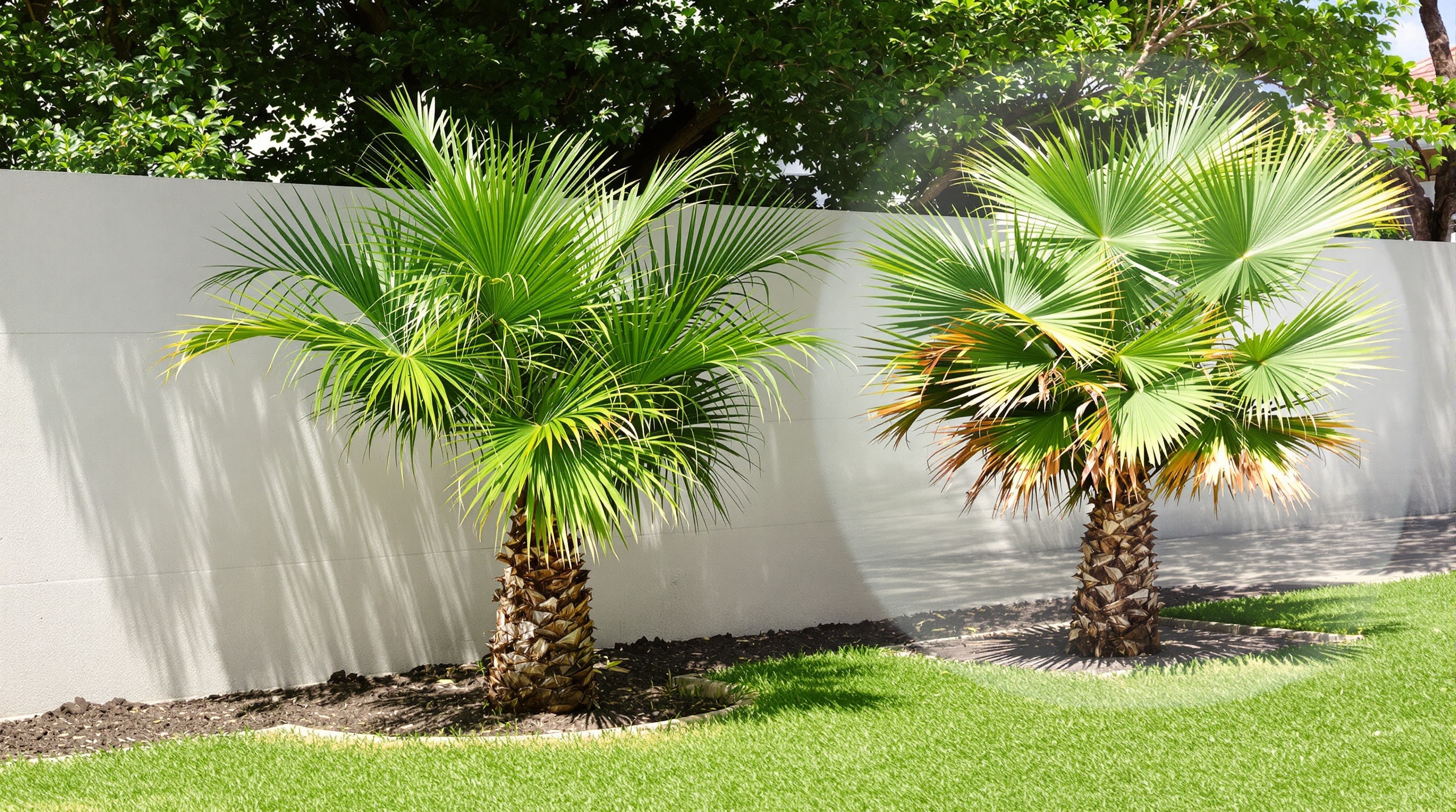 Un palmier bien protégé du vent et un autre exposé et abîmé : pédagogie visuelle du bon choix d’emplacement.