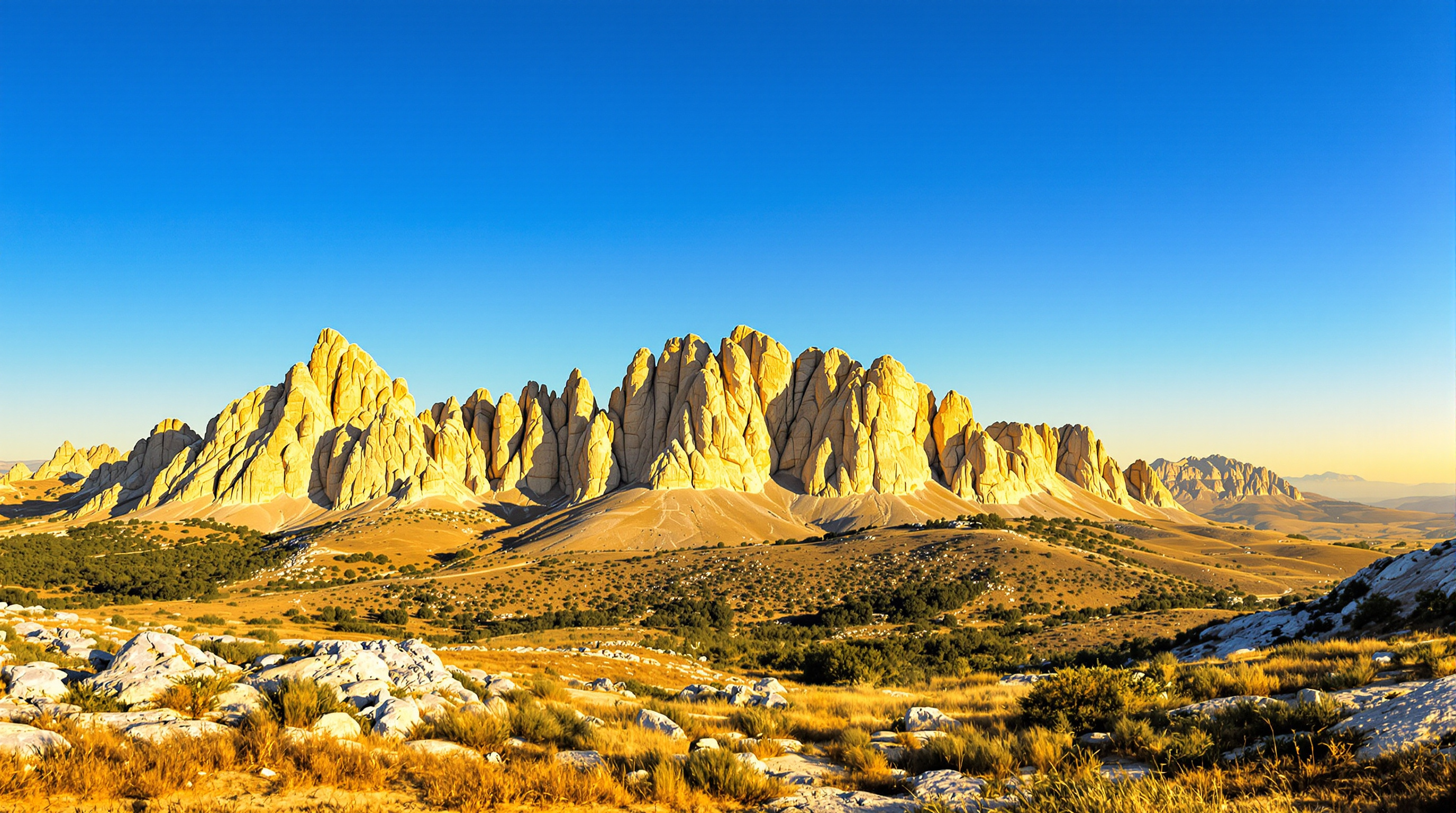 Vue panoramique de la Montagne Sainte-Victoire baignée dans la lumière dorée du soir provençal. Les formes anguleuses évoquent directement les toiles de Cézanne.