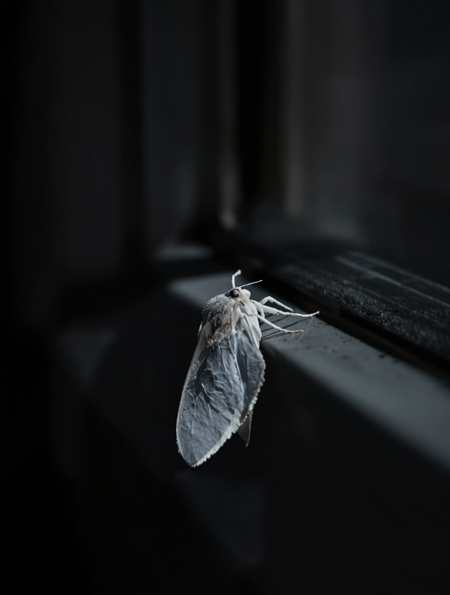 Papillon blanc nocturne – atmosphère mystérieuse sur rebord de fenêtre