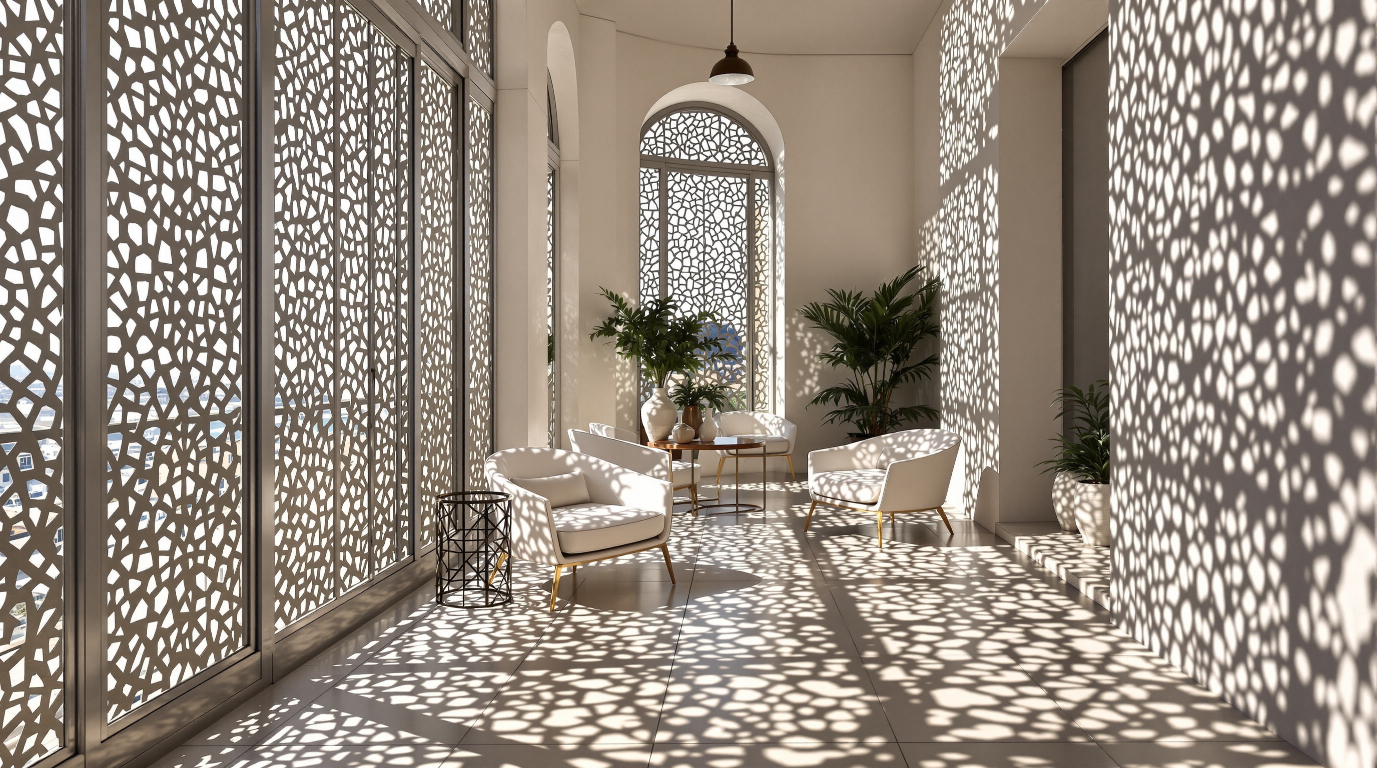 Paravent design ajouré sur balcon urbain jouant avec la lumière