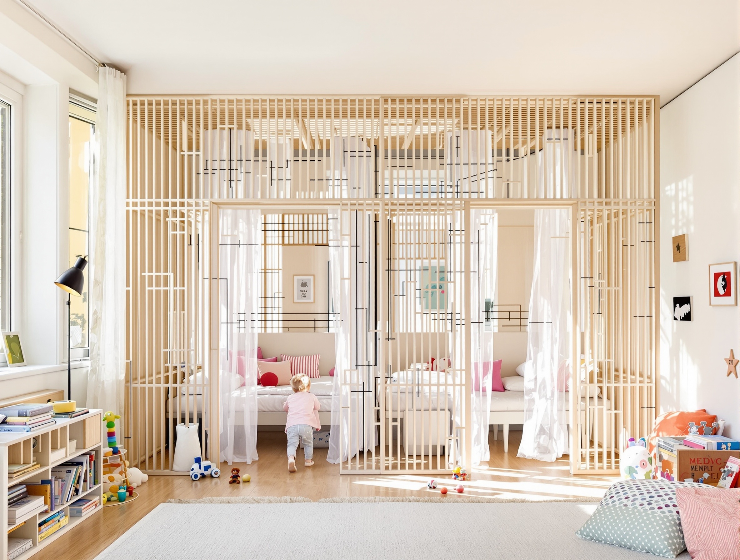 Paravent graphique façon Twombly et rideaux séparateurs artistiques dans chambre d'enfants.