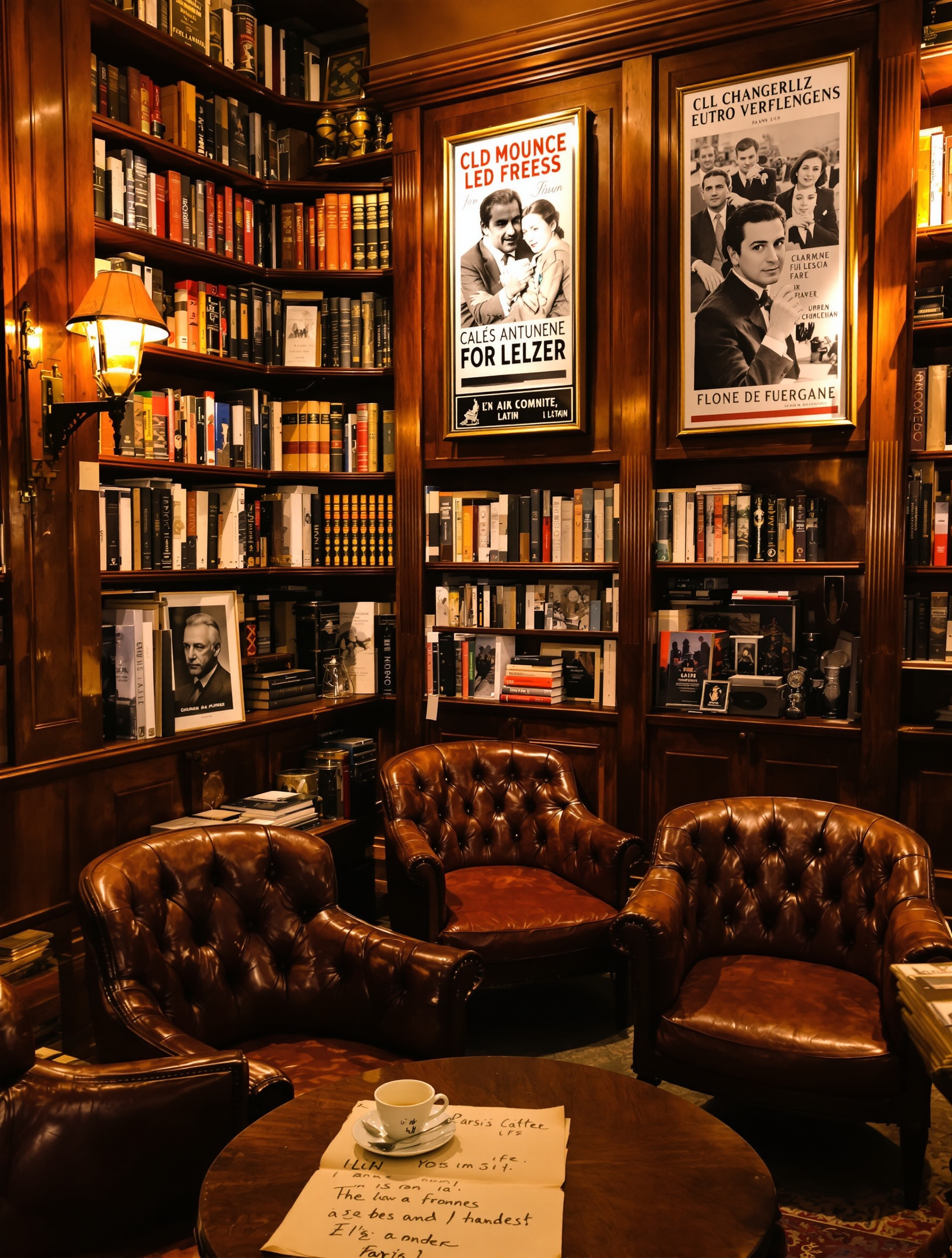 Café authentique Quartier Latin, intérieur livres fauteuils cuir