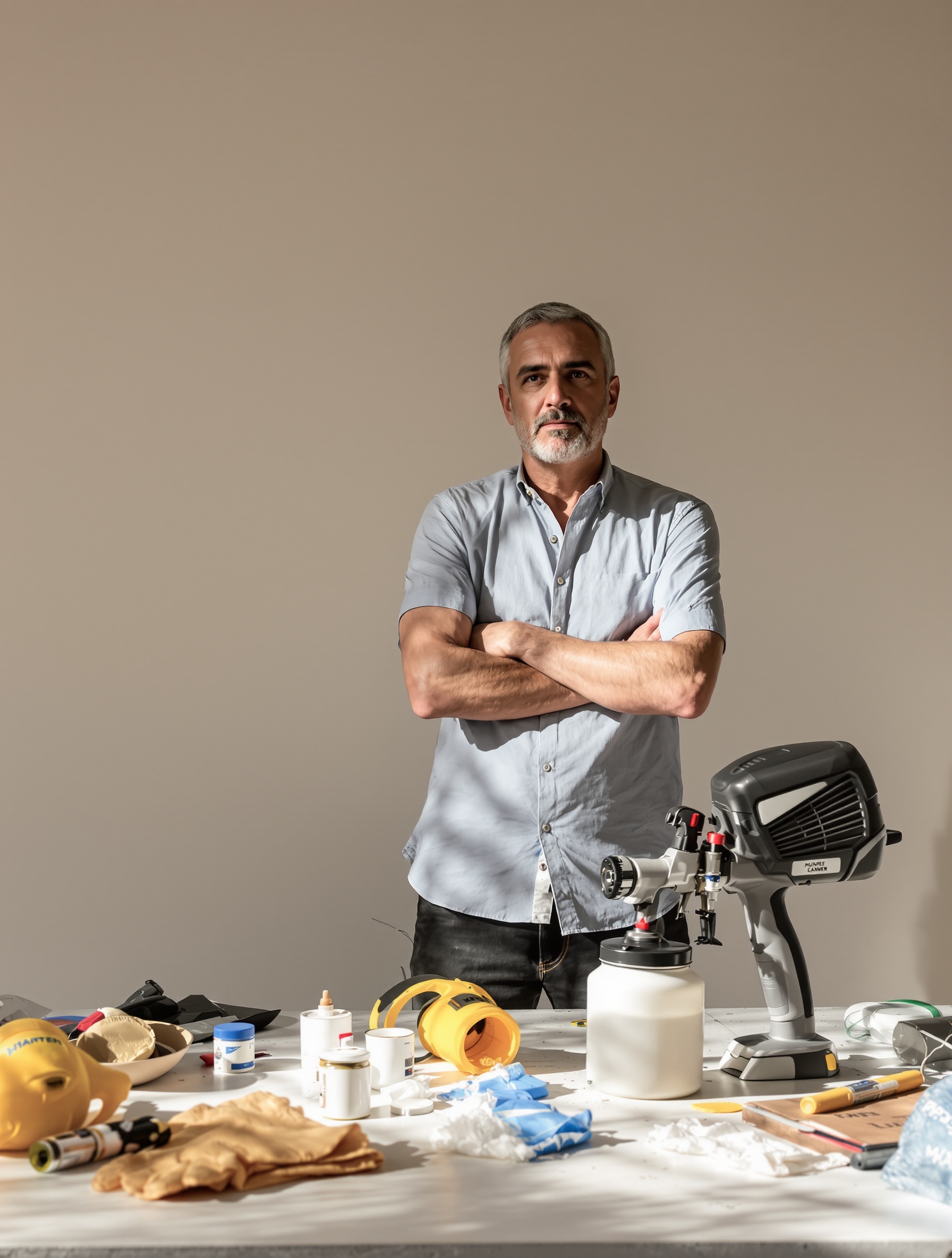Un particulier audacieux prêt à utiliser un pistolet à peinture de location dans un décor minimaliste