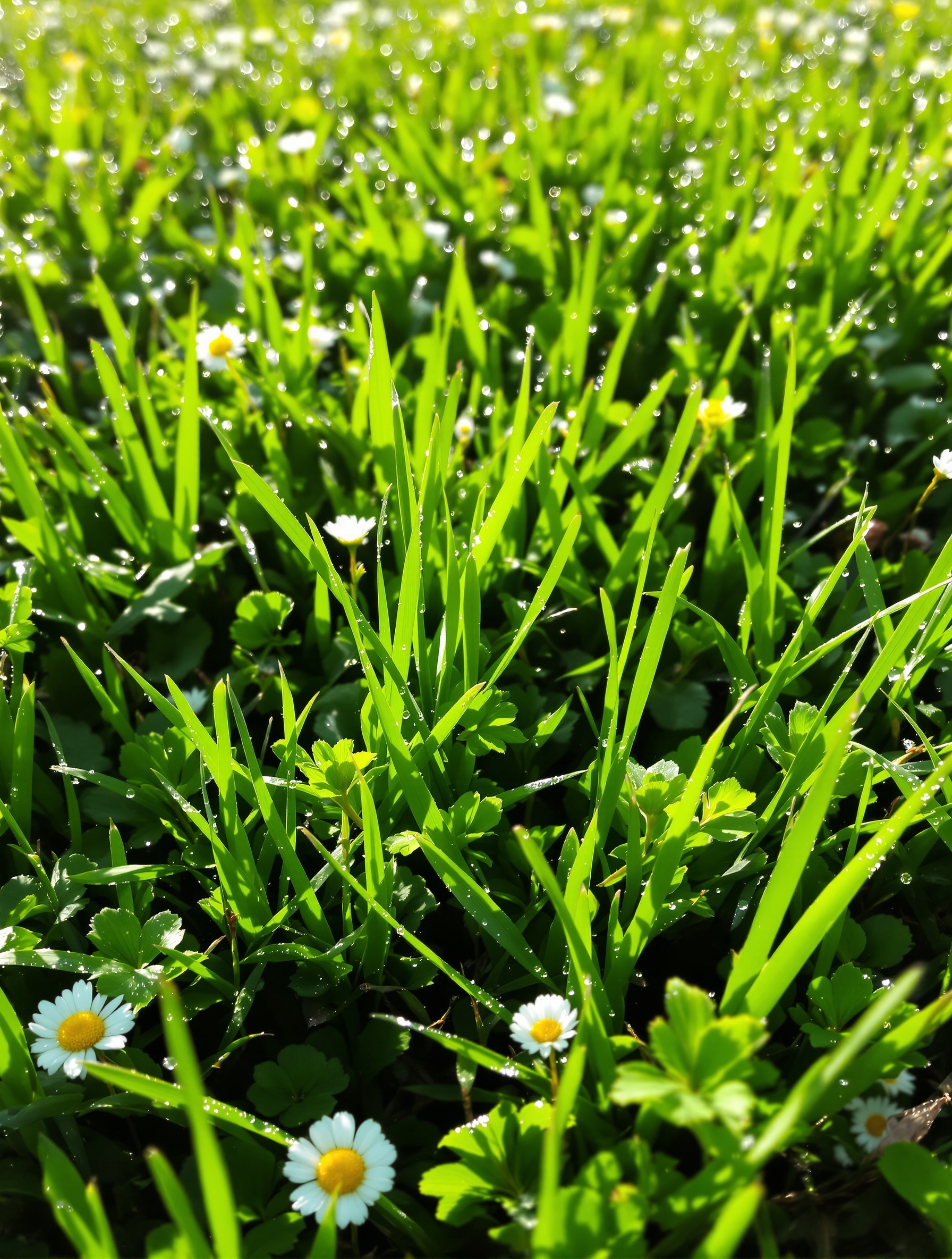 Pelouse luxuriante avec rosée, pâquerettes et trèfles, lumière du matin, biodiversité visible