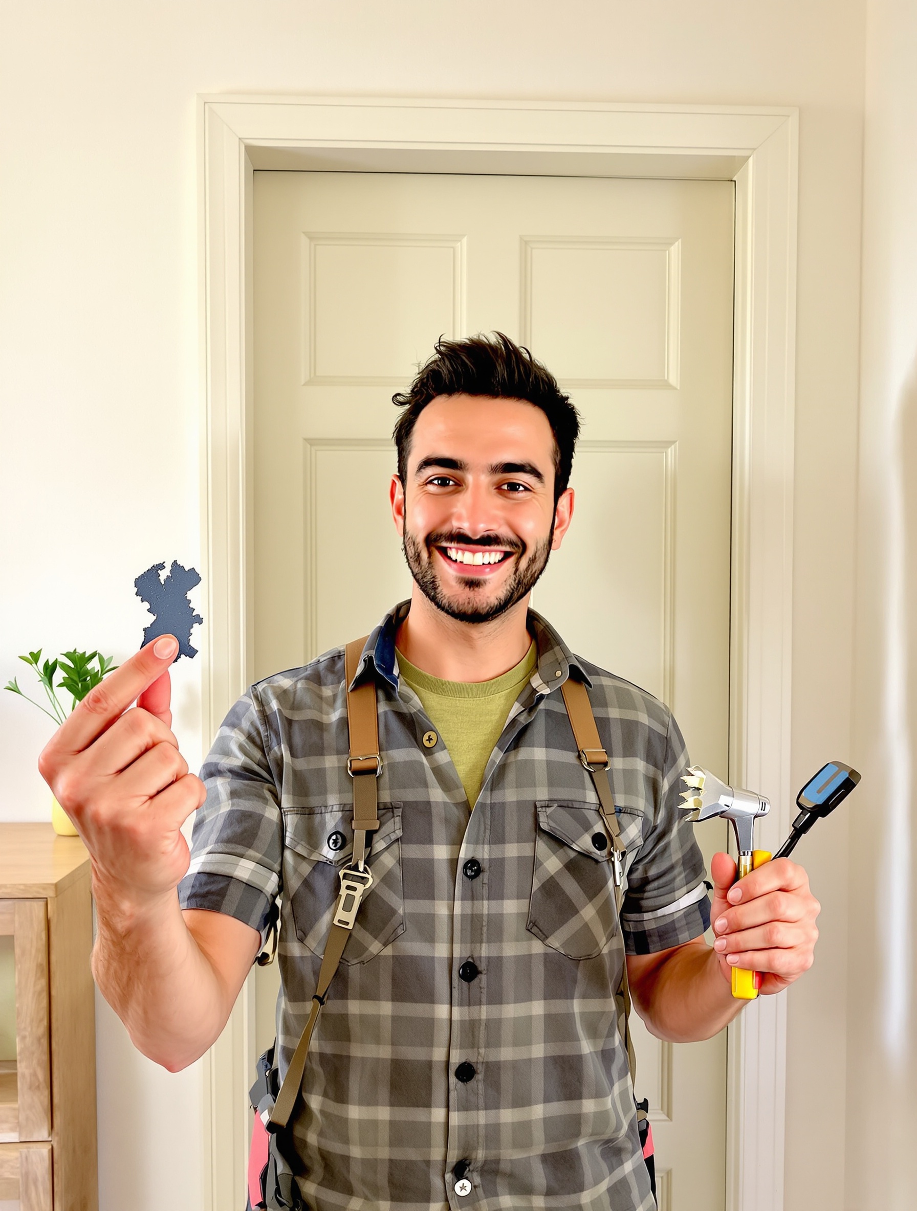 Personnage souriant, tenant un morceau de clé cassée dans une main et des outils de bricolage dans l'autre, devant une porte.