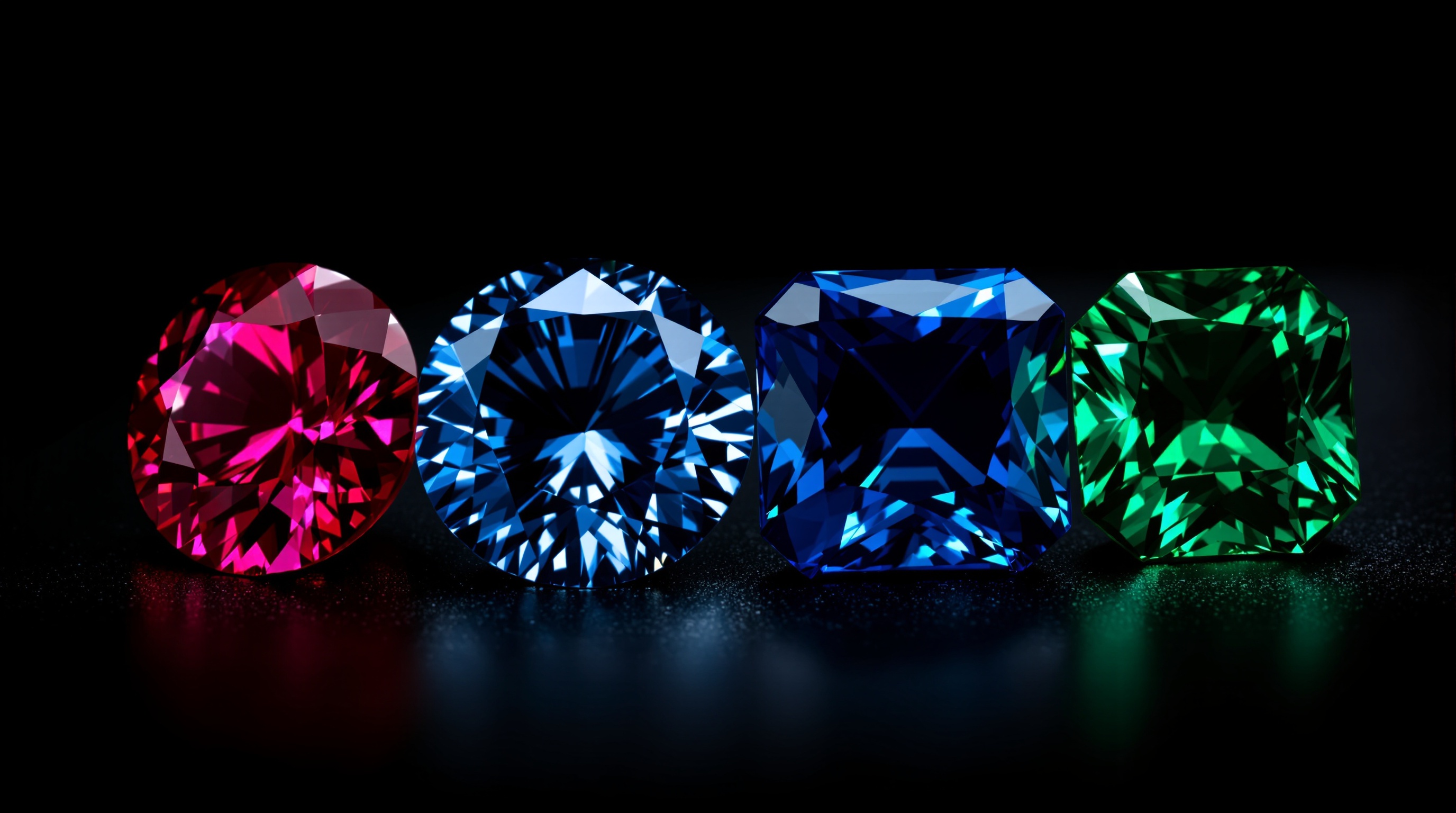 Quatre pierres précieuses : diamant, rubis, saphir, émeraude posés côte à côte dans un écrin muséal.