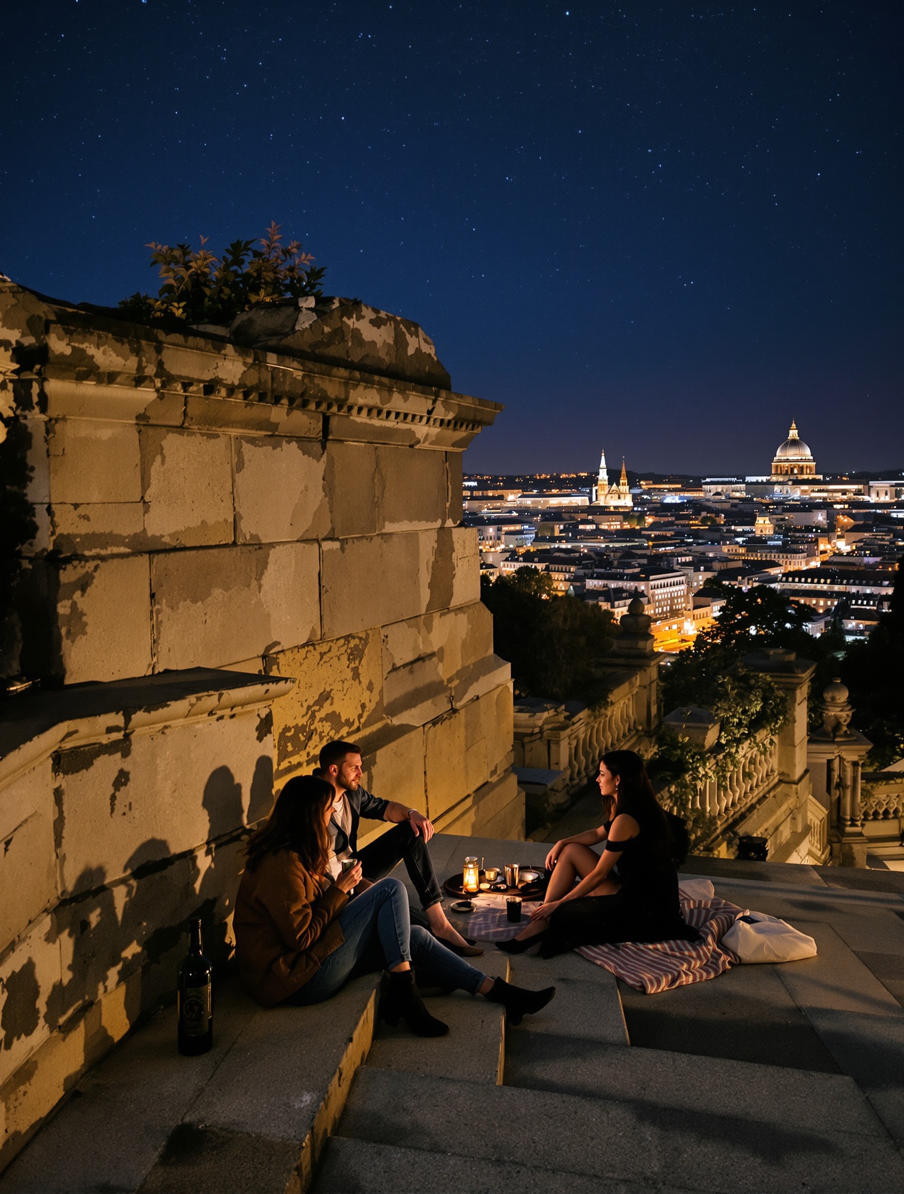 Pique-nique nocturne urbain sur marches monument sous ciel étoilé avec vin chaud
