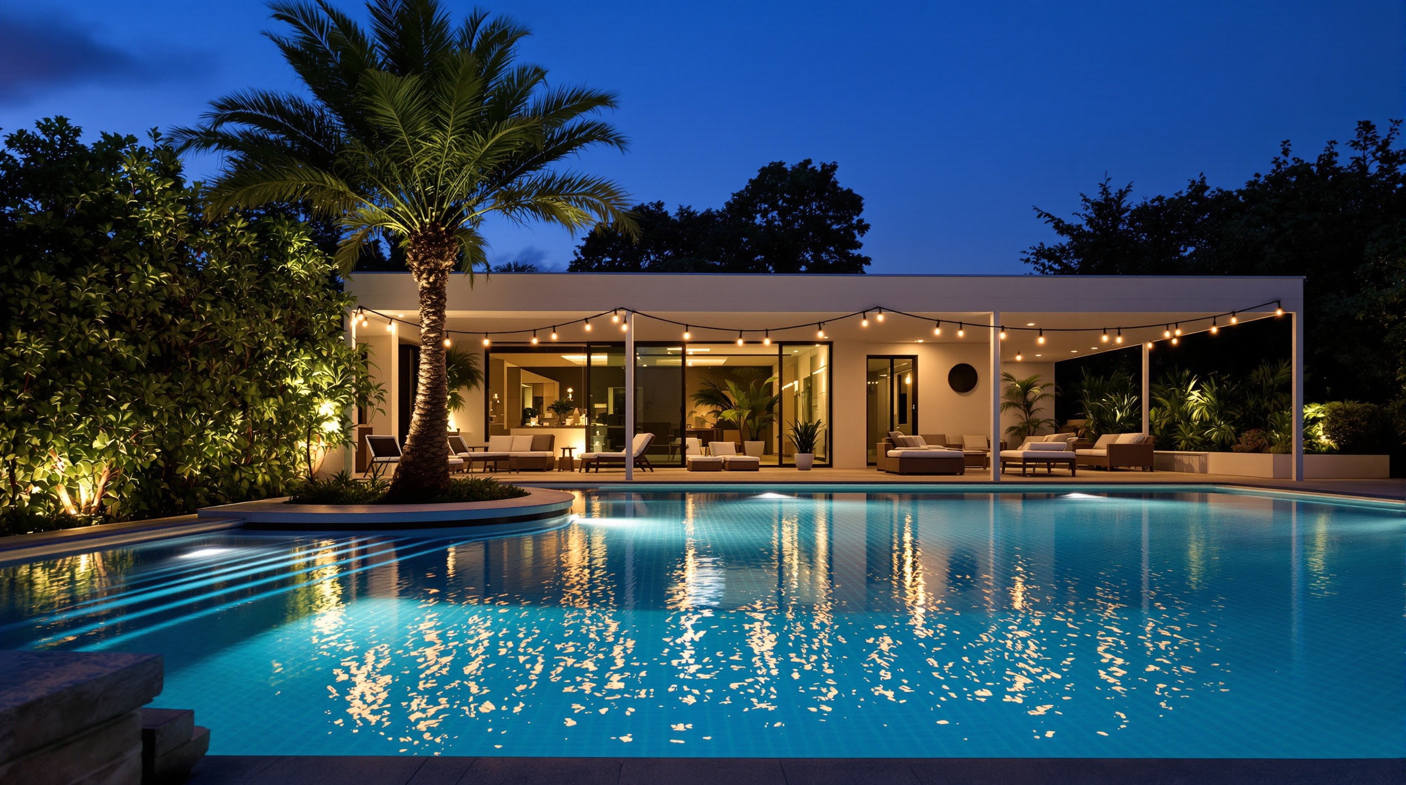 Éclairage subtil autour d'une piscine moderne à la tombée de la nuit, spots discrets sur palmier, guirlande guinguette festive.