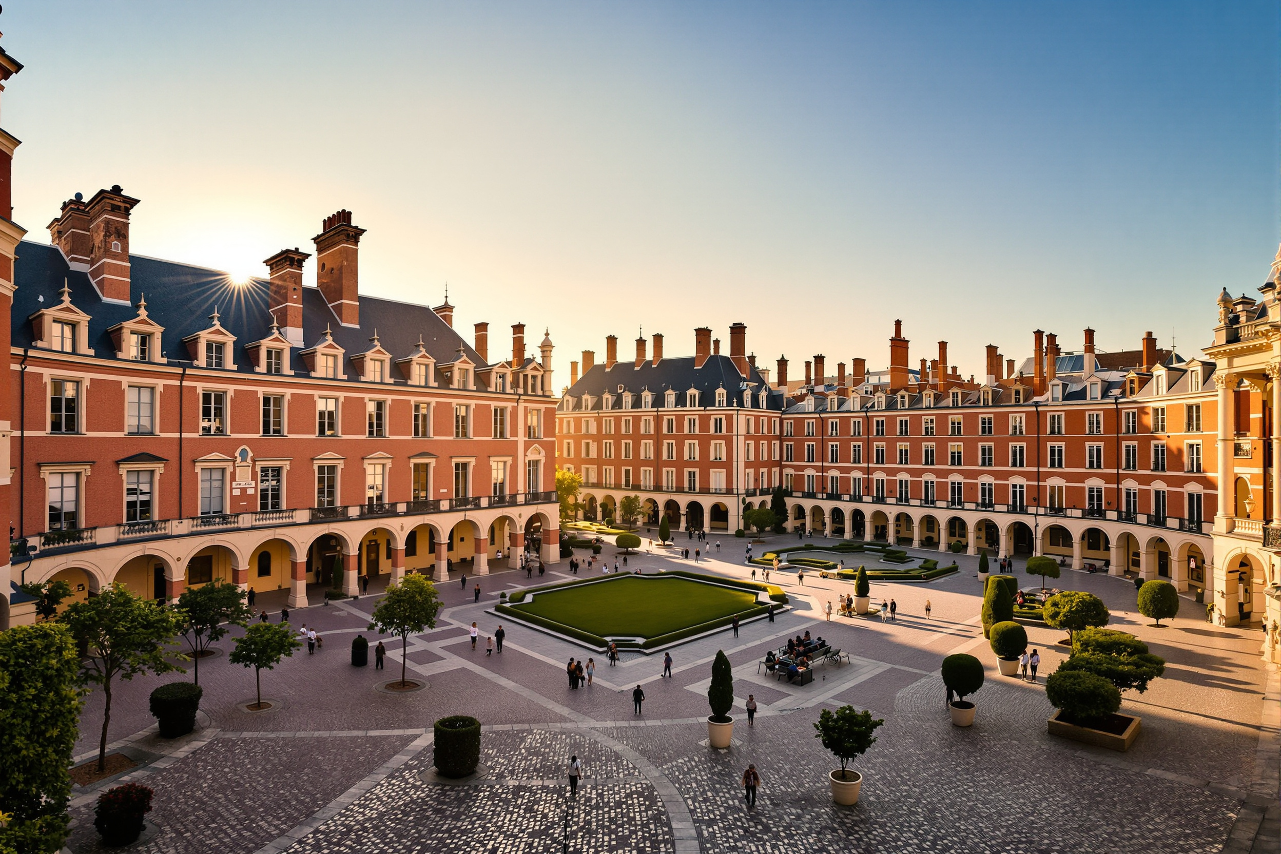 Vue matinale sur la Place des Vosges mettant en valeur ses façades symétriques en briques rouges.