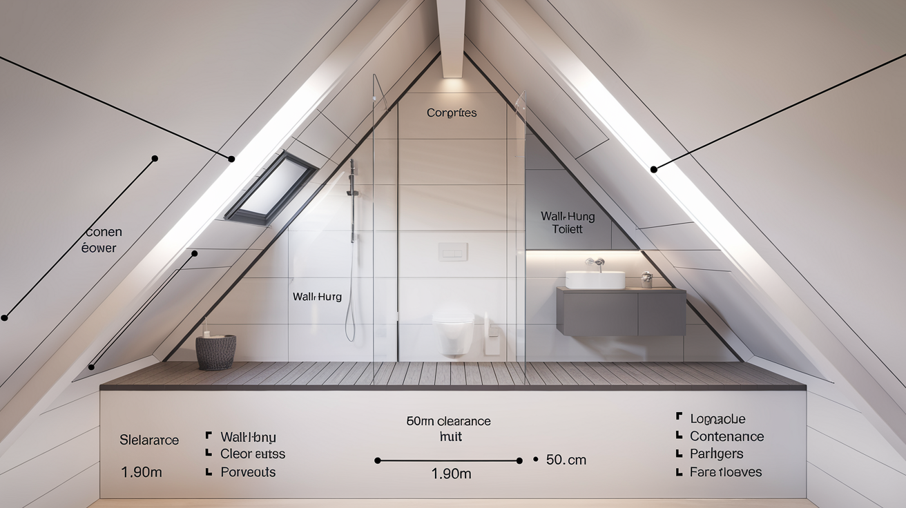 plan salle de bain sous pente 5m2 optimisé douche italienne wc suspendu vasque compacte
