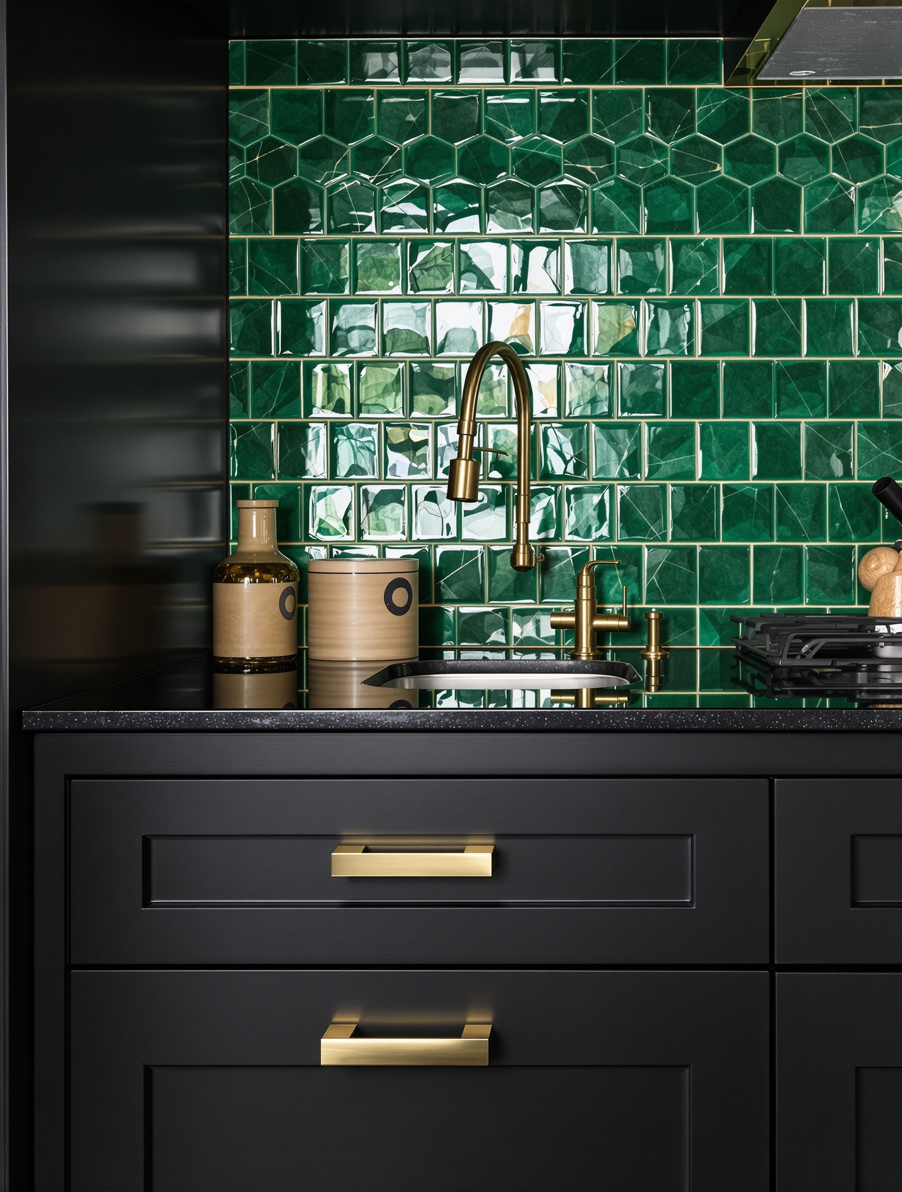 Gros plan : plan de travail noir, crédence en zelliges vert émeraude, poignées laiton brossé.