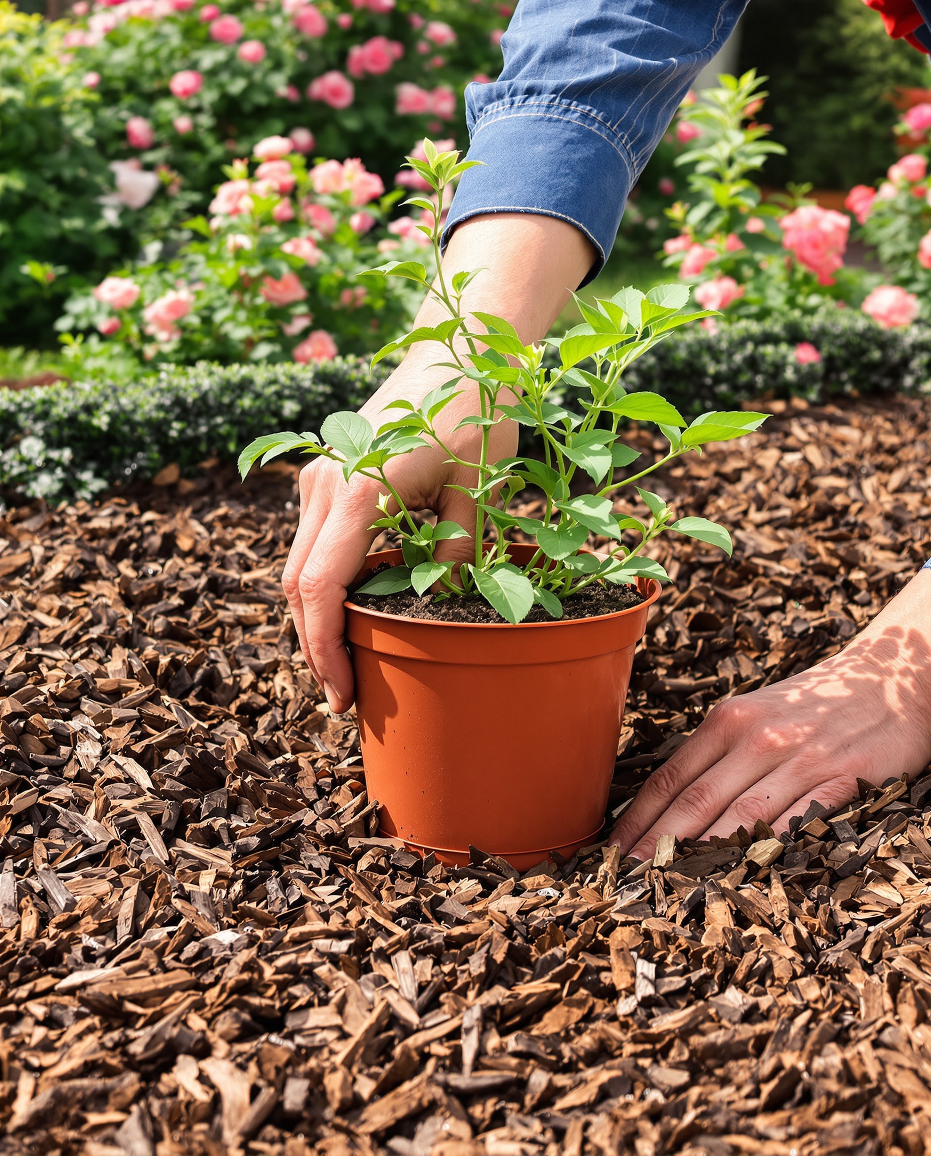 plantation artistique plante vivace godet paillage rosiers arbustes