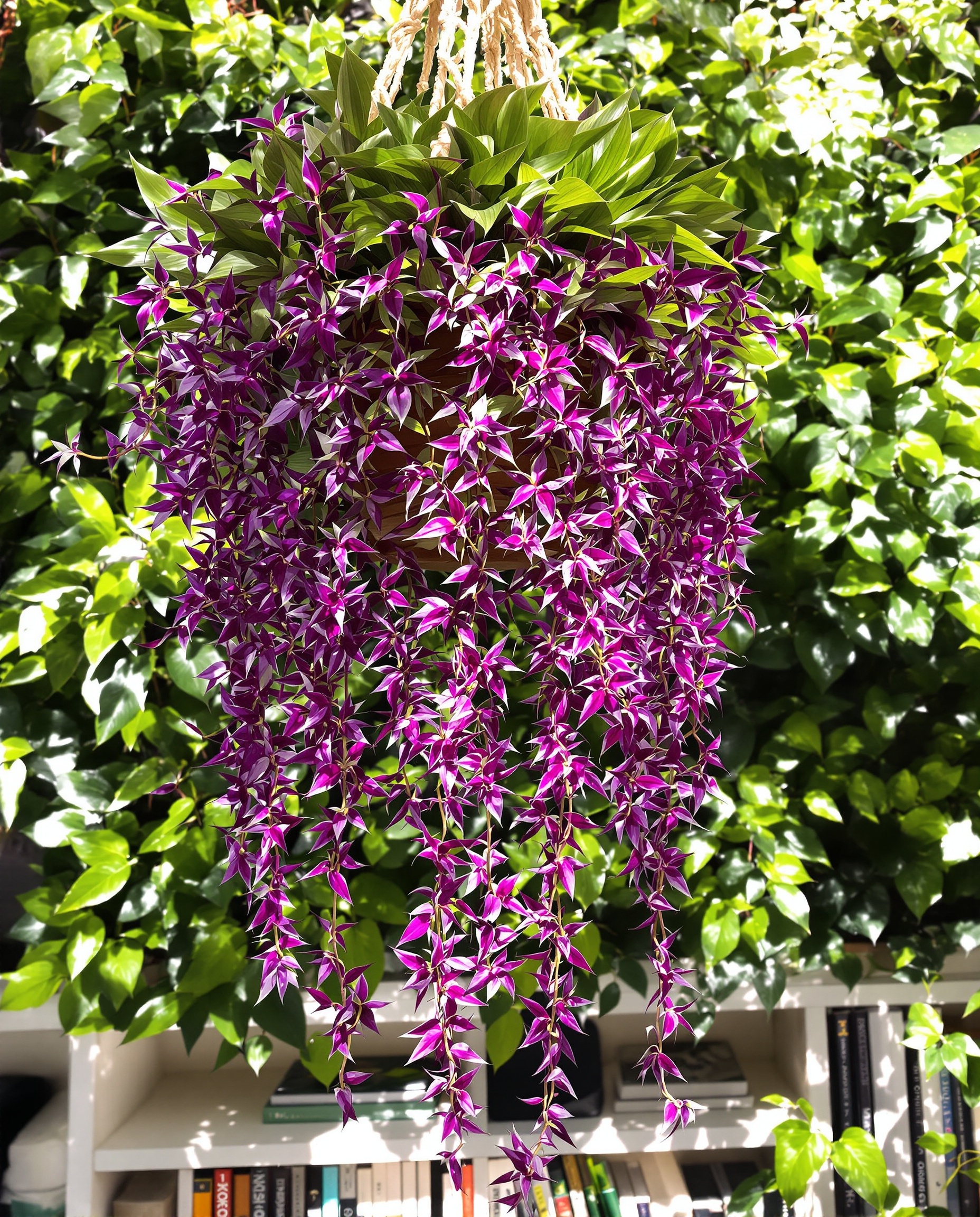 Mise en scène déco Tradescantia macramé effet cascade mur végétal contemporain