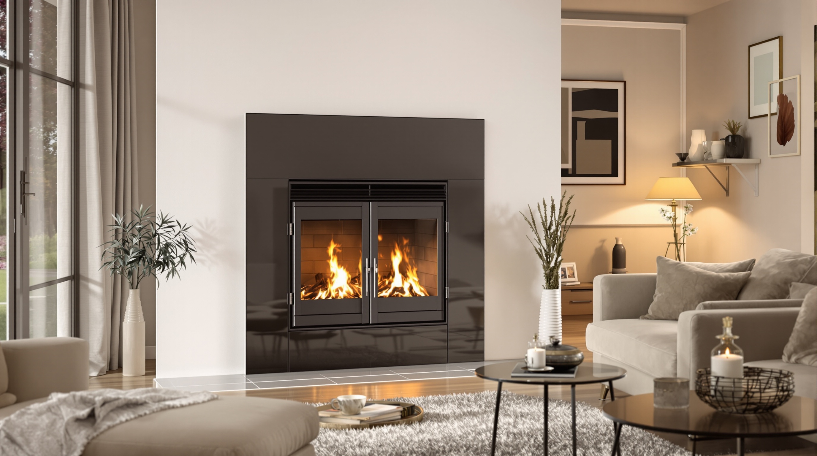 Poêle à granulés moderne et design dans un salon.