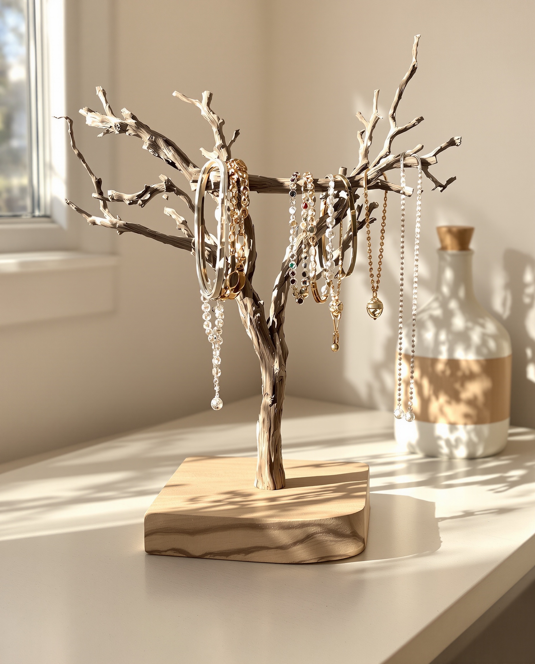porte-bijoux DIY branche naturelle, socle bois, ambiance scandinave