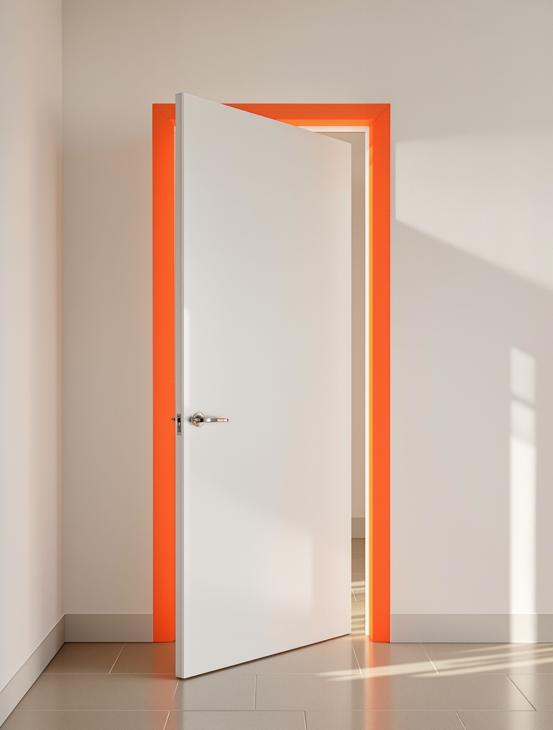 Tranche de porte peinte orange fluo sur fond blanc