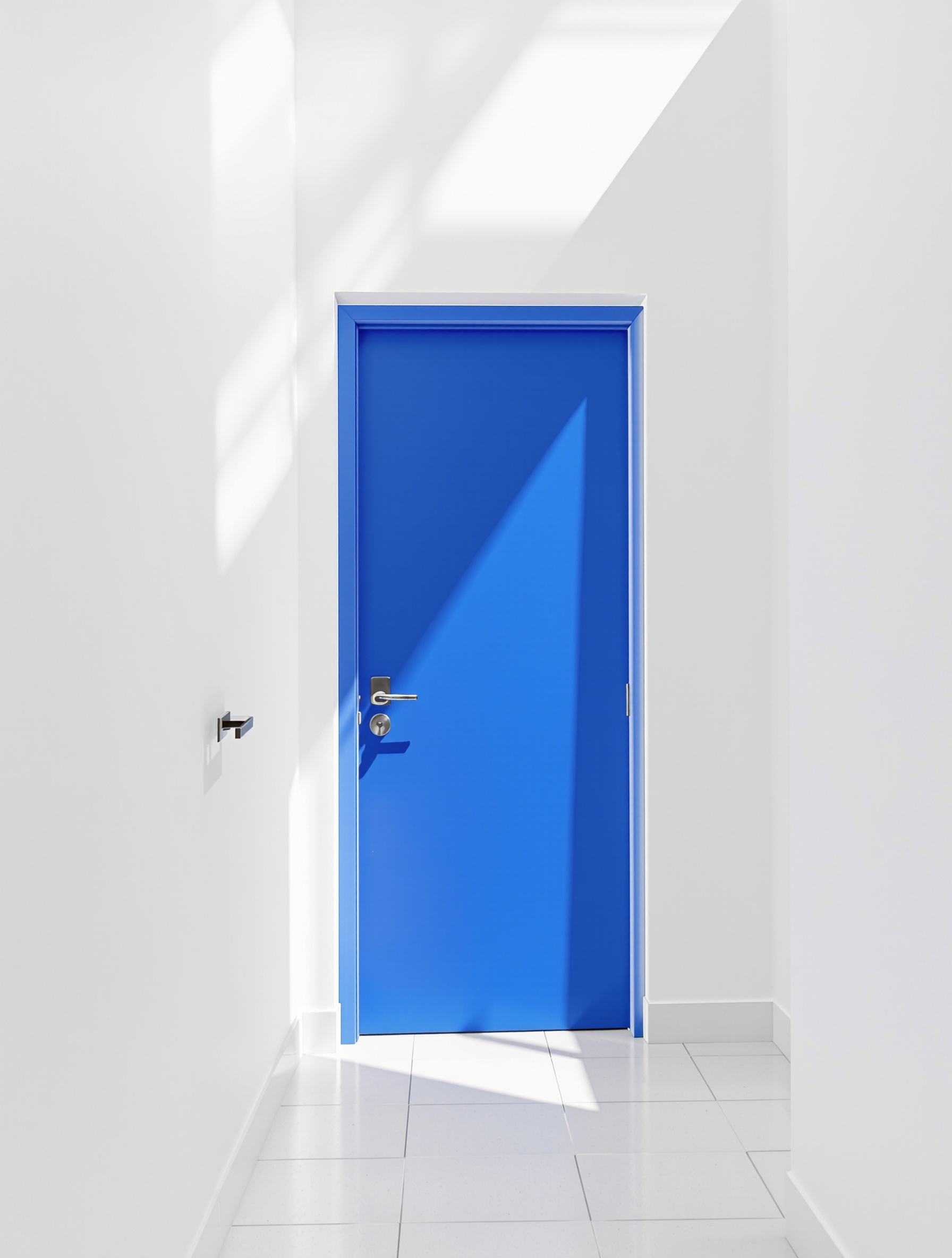Porte bleue Klein couloir minimaliste poignée noire