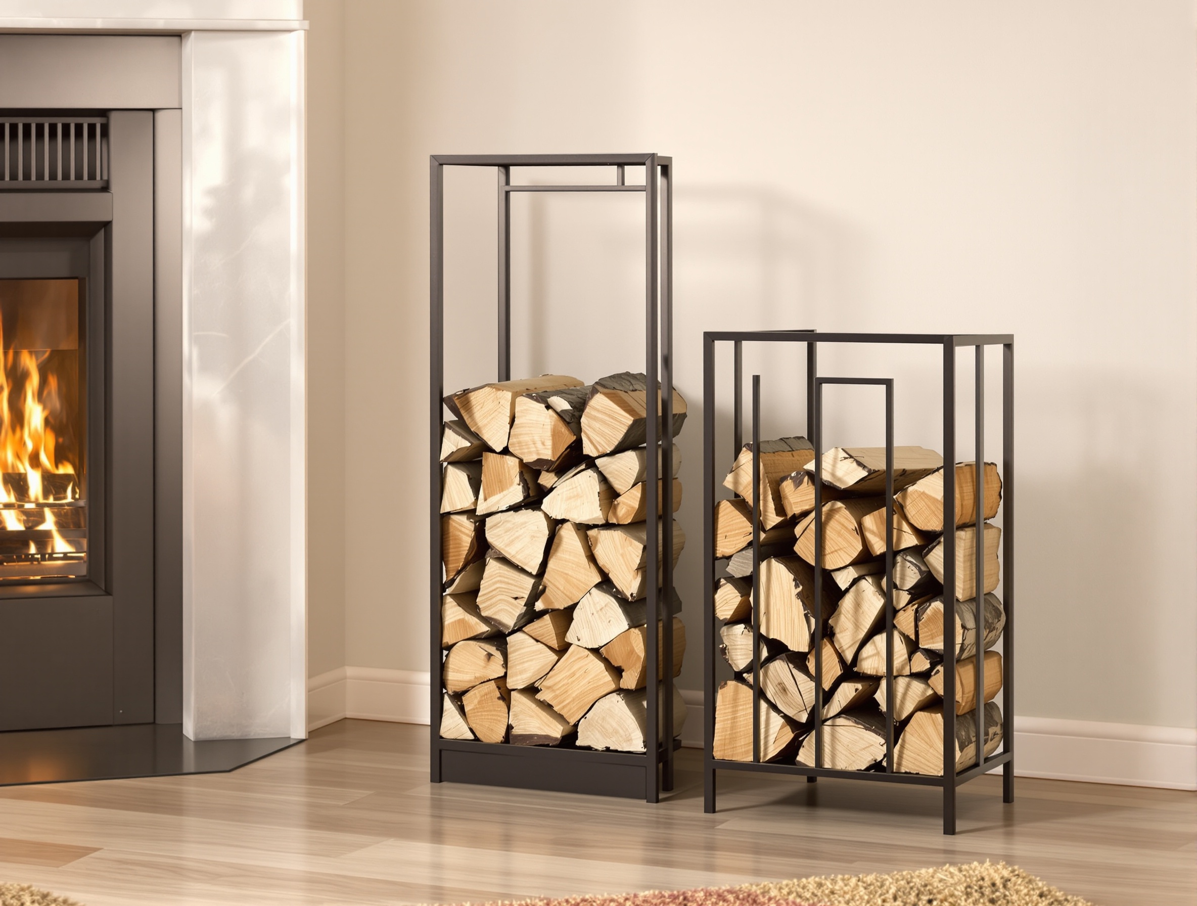 Porte-bûches design contemporain près cheminée moderne