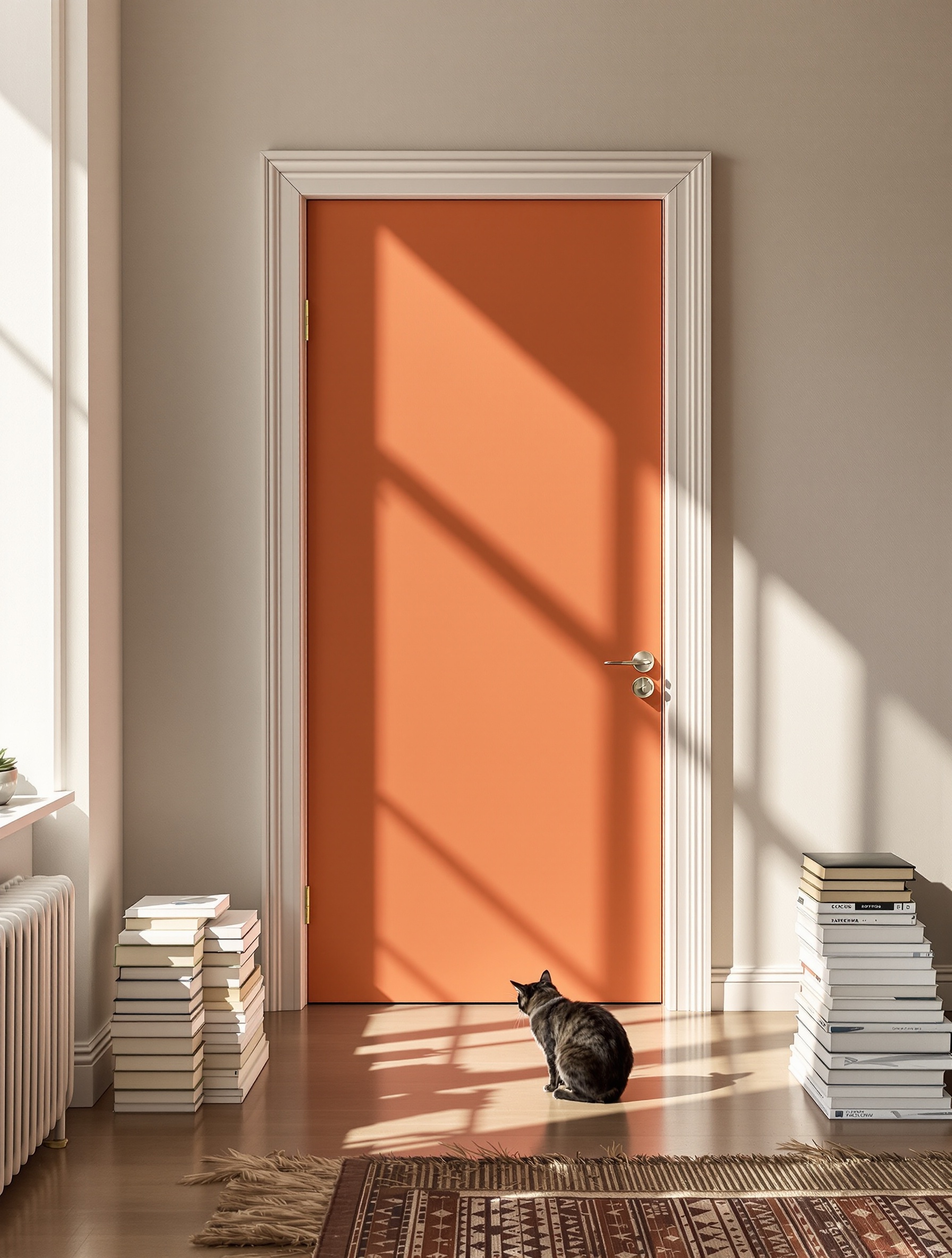 Porte intérieure contemporaine colorée, contraste fort avec mur neutre, livres et chat