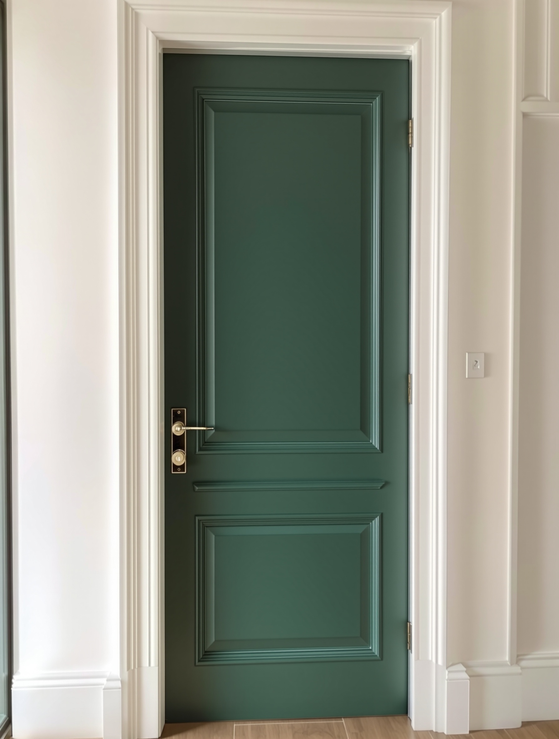 Porte haussmannienne vert forêt satiné avec moulures classiques