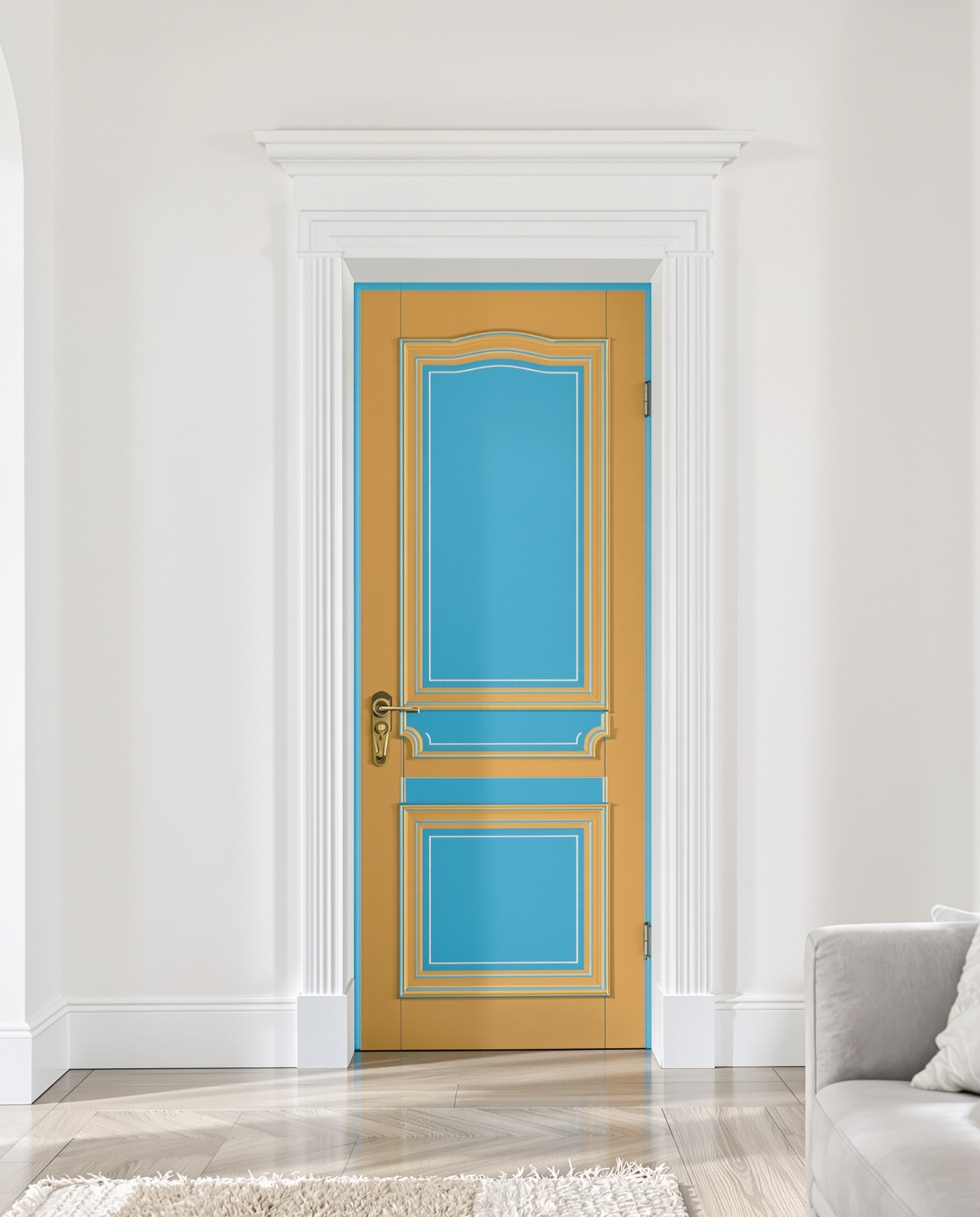 Exemple d'une porte intérieure peinte dans une couleur contrastante avec des murs clairs, dotée de menuiseries élégantes.