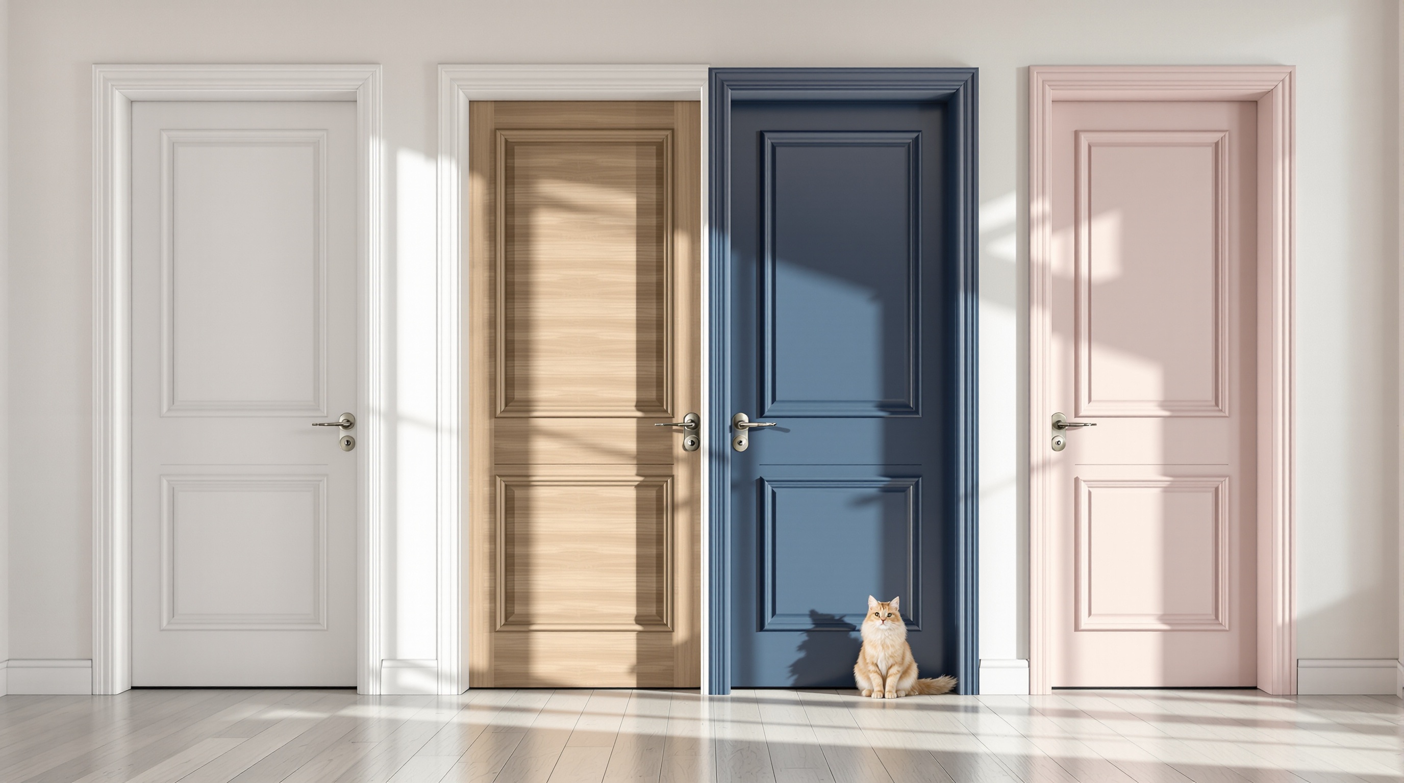 Quatre portes intérieures alignées : blanc éclatant, effet bois chaleureux, bleu marine profond et pastel doux dans un intérieur contemporain lumineux avec chat.