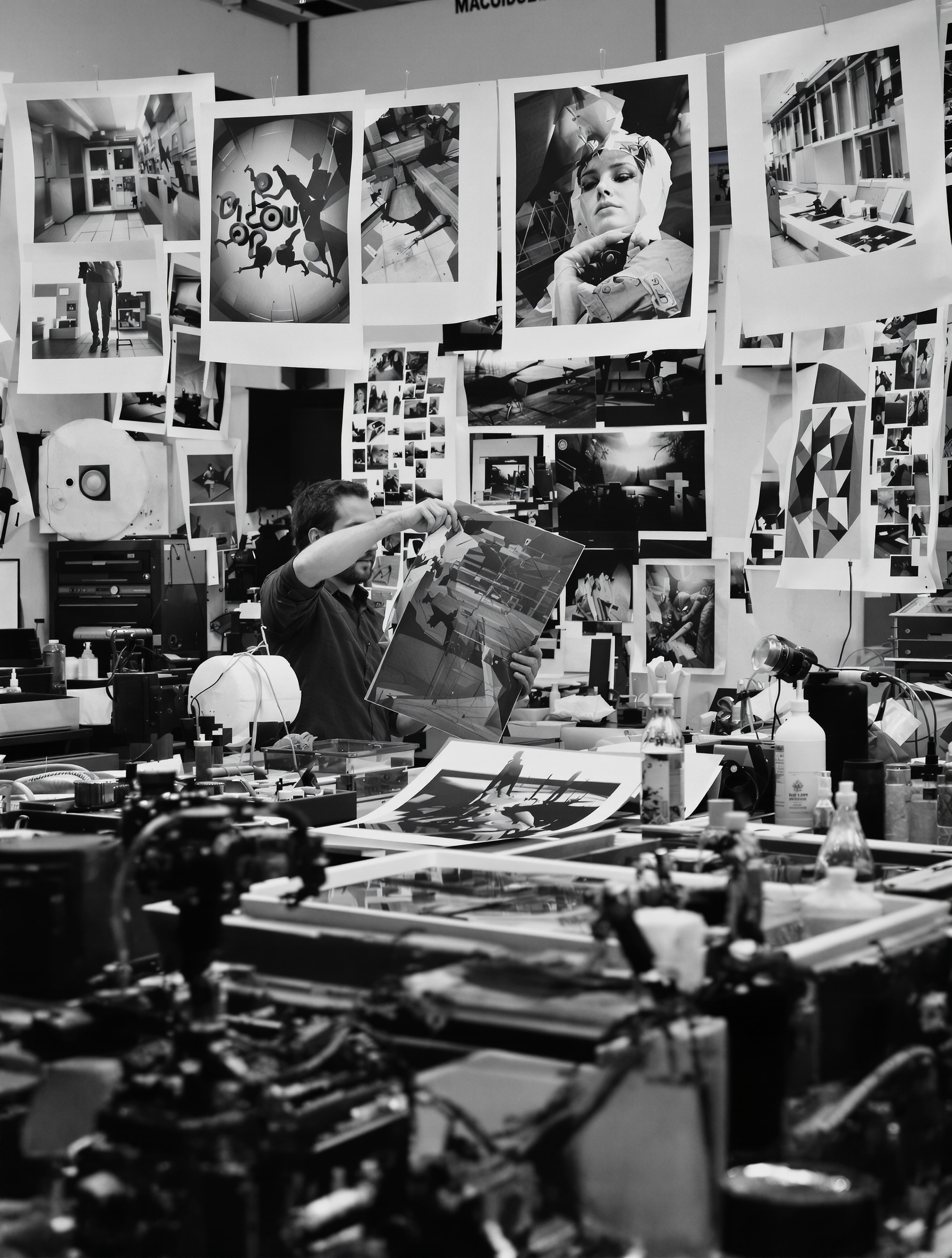 Portrait intimiste d'Olivier Dupif dans son laboratoire photographique, entouré de tirages noir et blanc et d'équipements traditionnels, une atmosphère studieuse et passionnée.