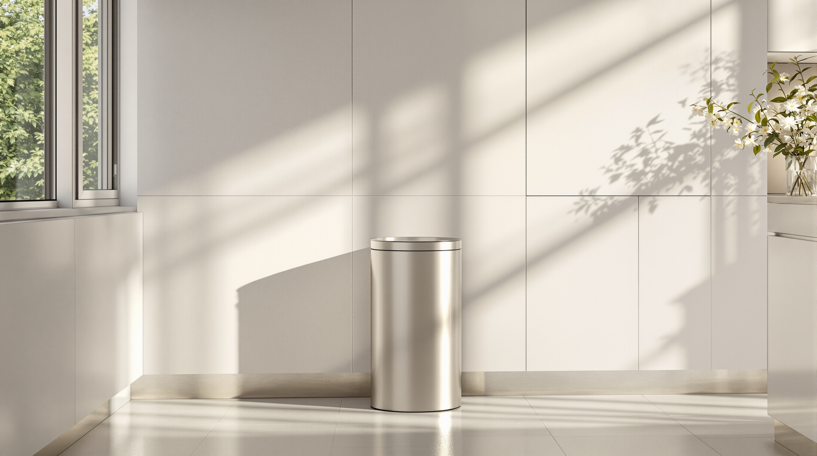 poubelle design cuisine minimaliste élégante lumière naturelle