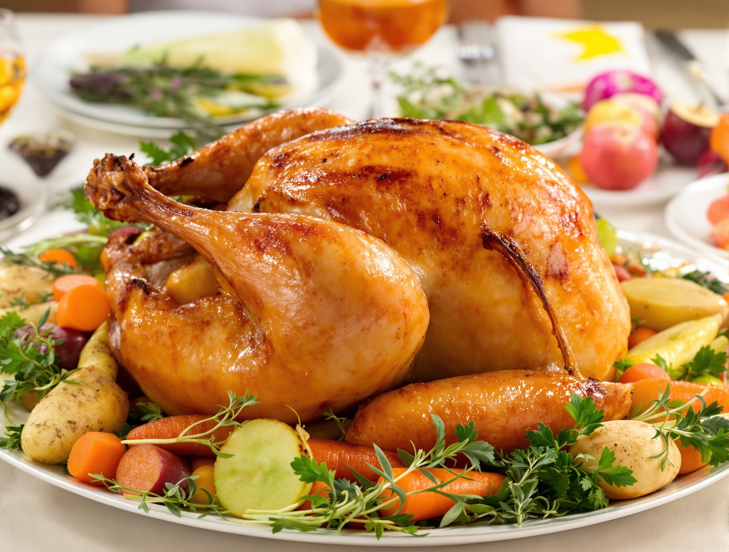 Poularde rôtie présentée sur un plat festif