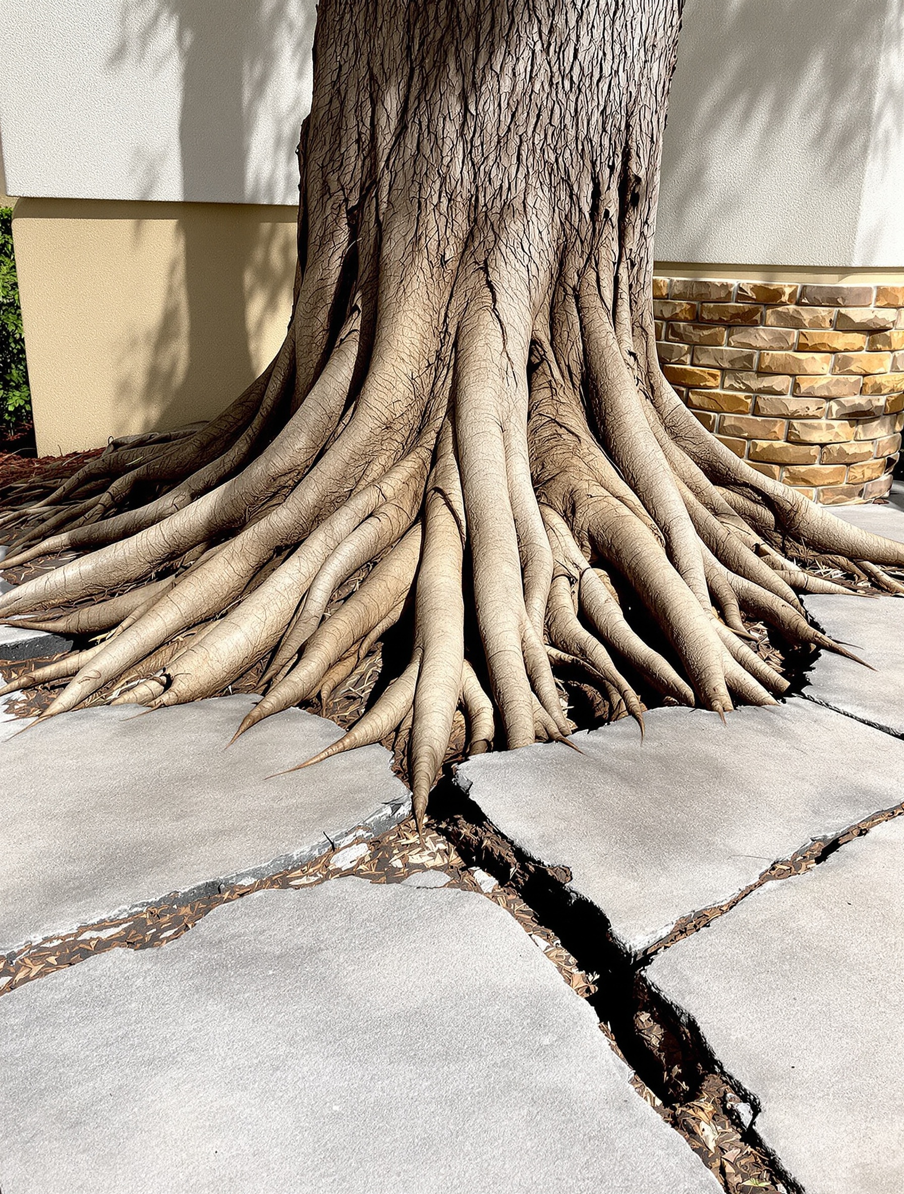 Racines de pin parasol soulevant terrasse béton, menace pour fondations et aménagements.