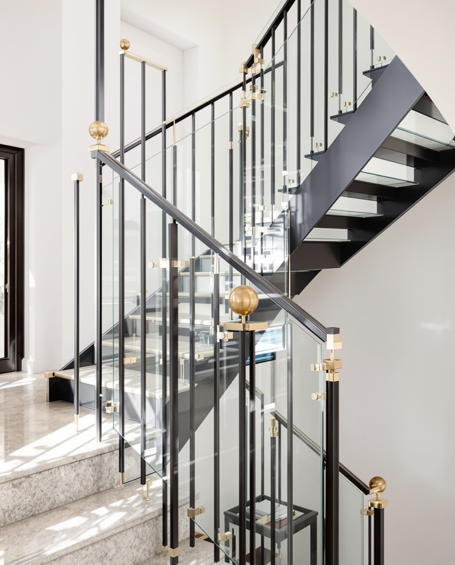 Rampe escalier design métal noir verre laiton contemporain