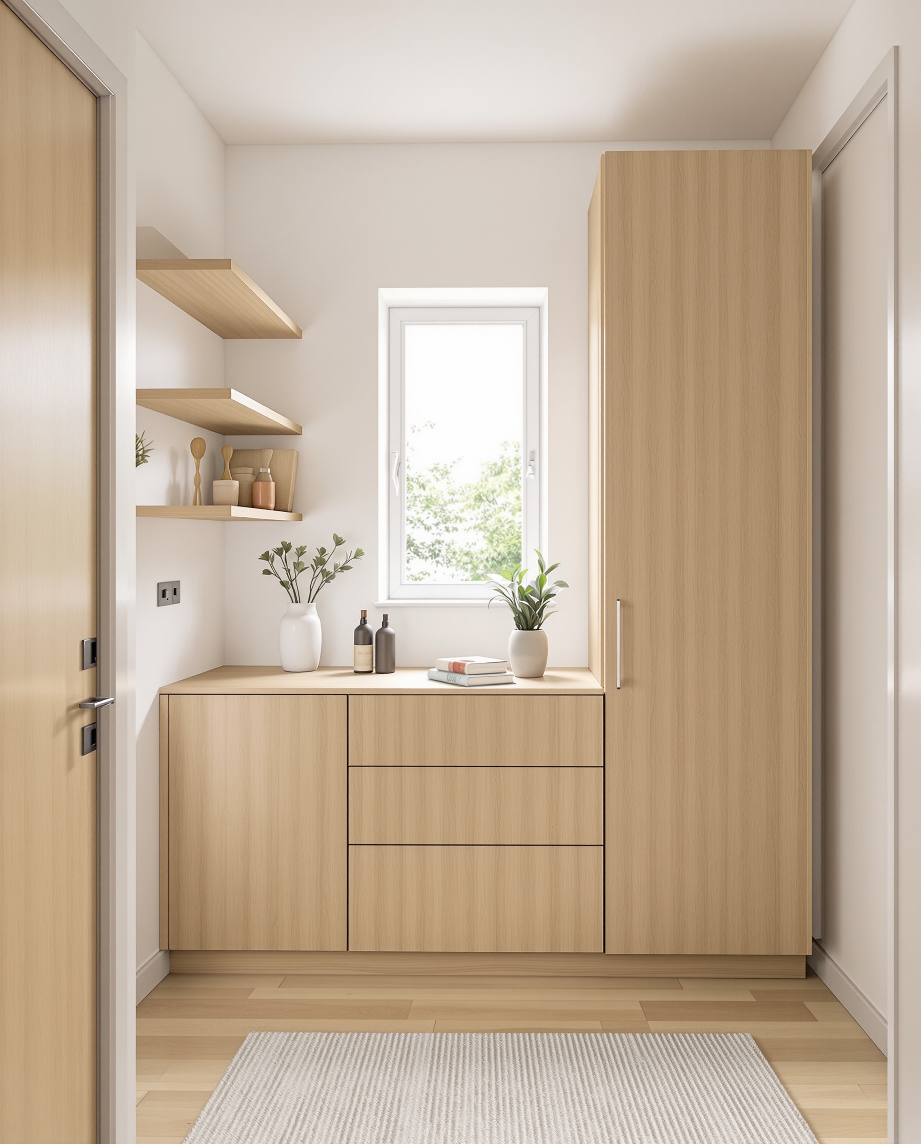 Entrée étroite optimisée avec mobilier vertical et étagères murales