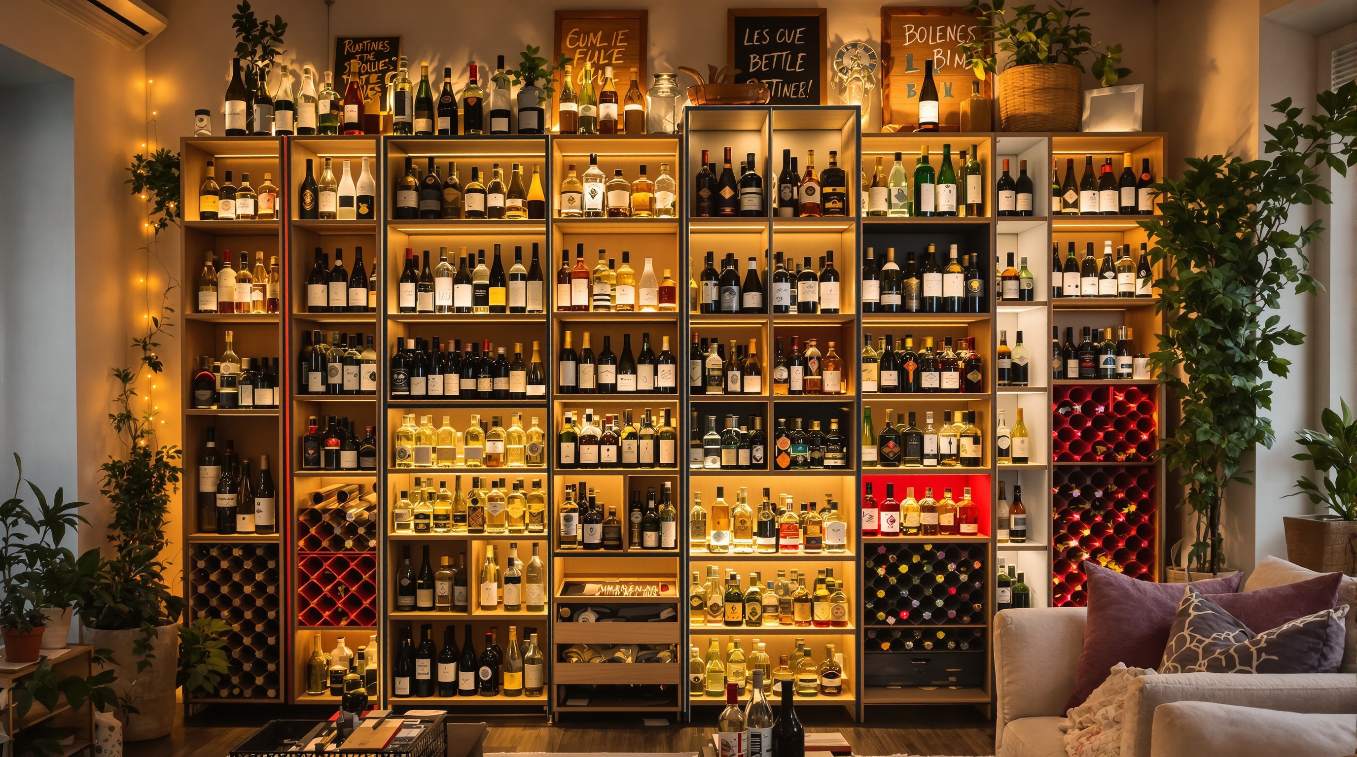 Rangements DIY variés : bois brut, métal recyclé et PVC teinté dans un intérieur chaleureux et stylisé