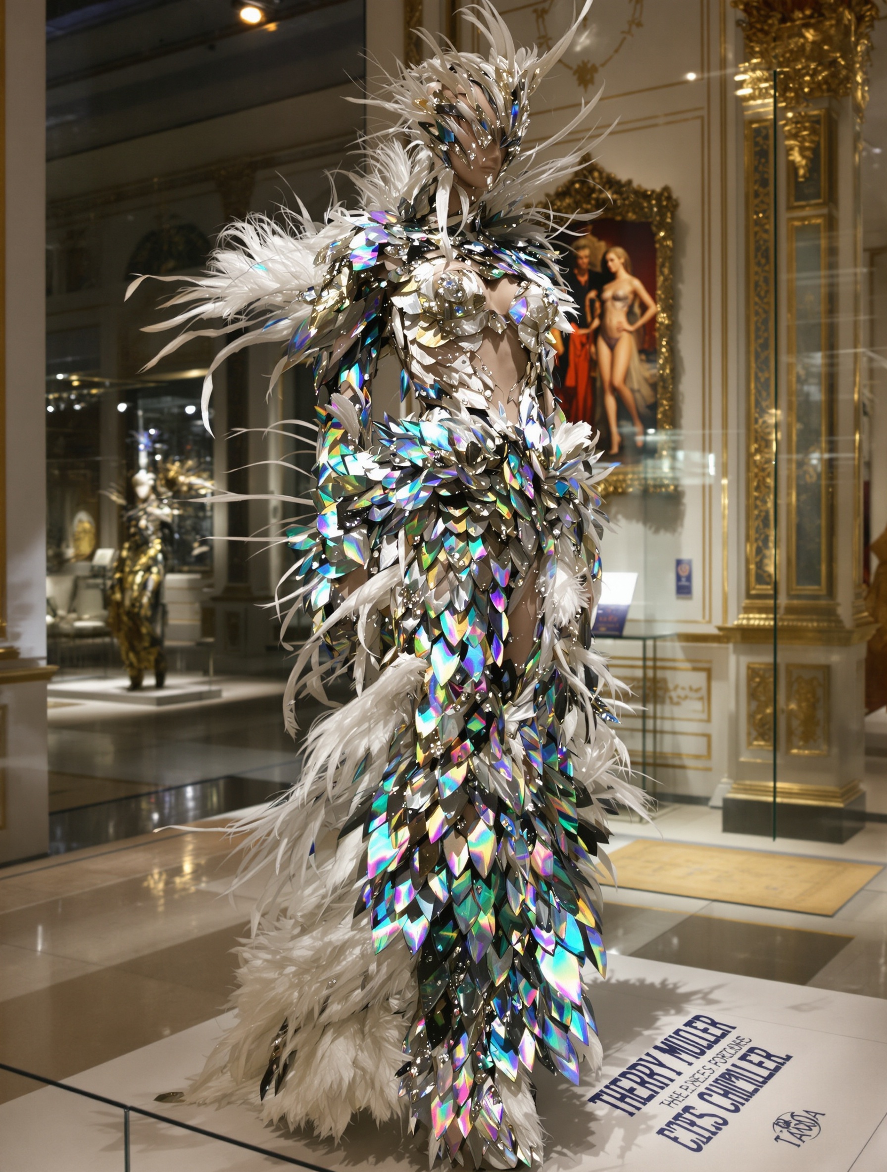 Robe 'Chimère' de Thierry Mugler exposée à Couturissime – silhouette sculpturale et couleurs irisées.