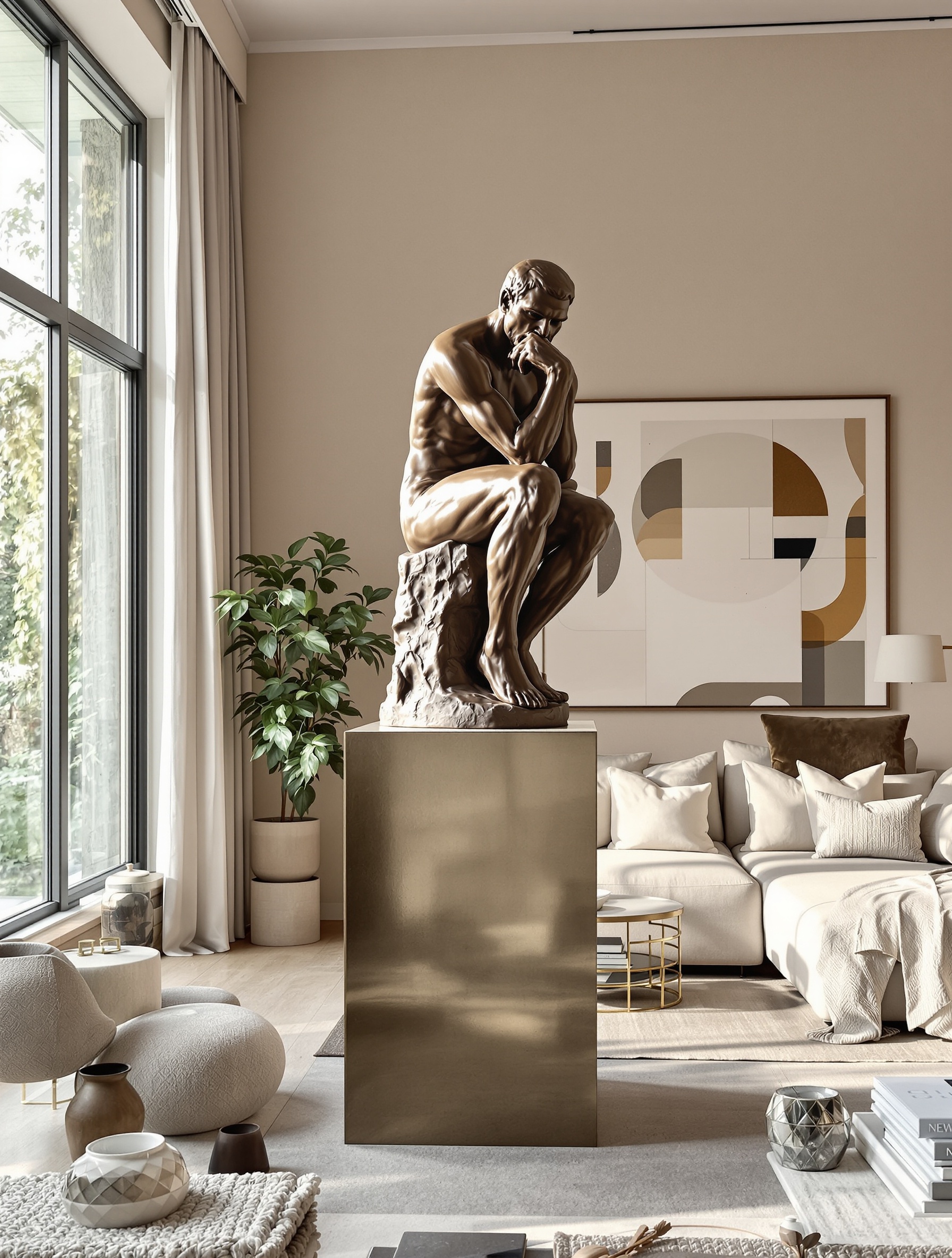 Le Penseur de Rodin mis en valeur dans un intérieur moderne