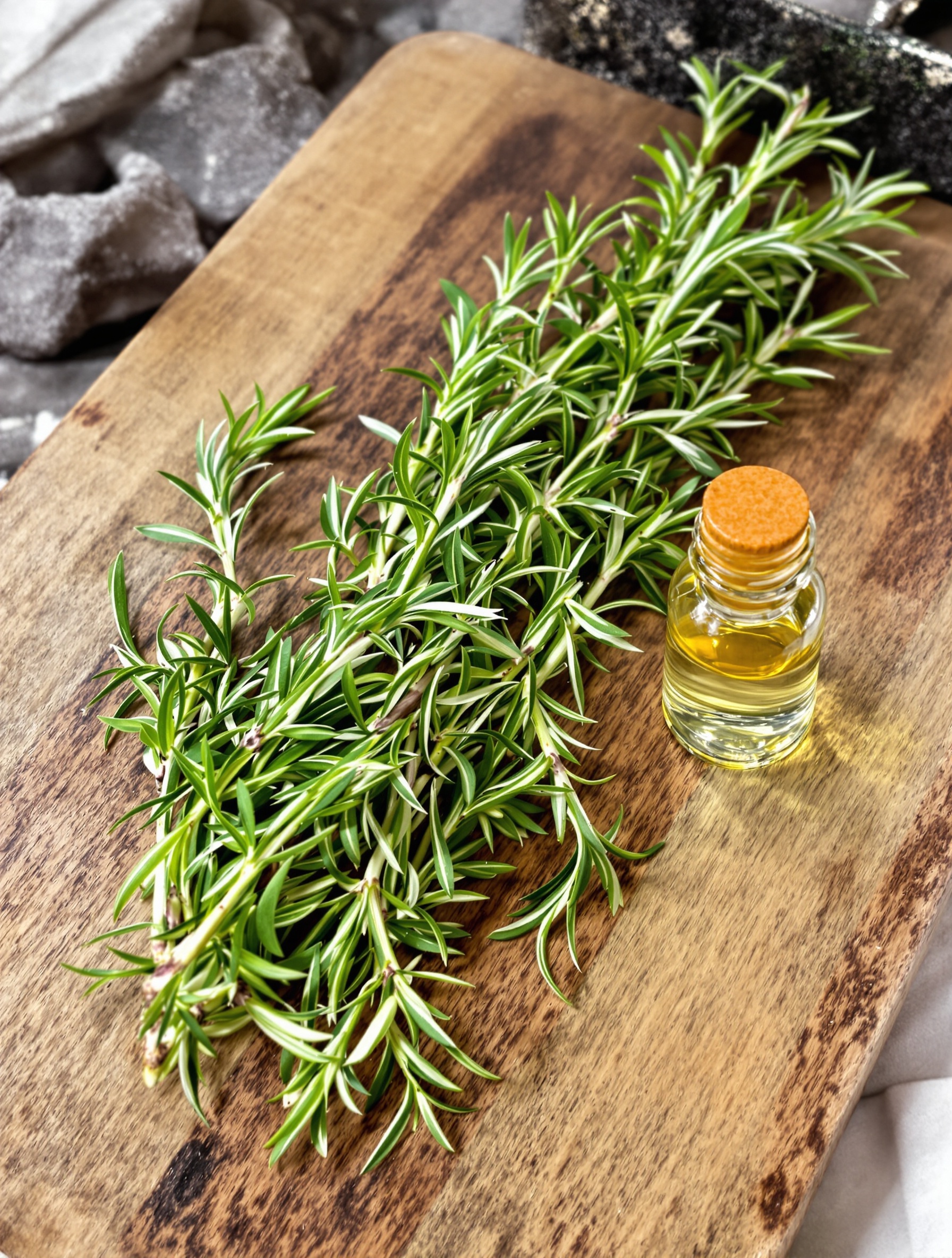 Romarin frais et fiole d'huile essentielle sur fond naturel, contrastant leur texture et couleur.