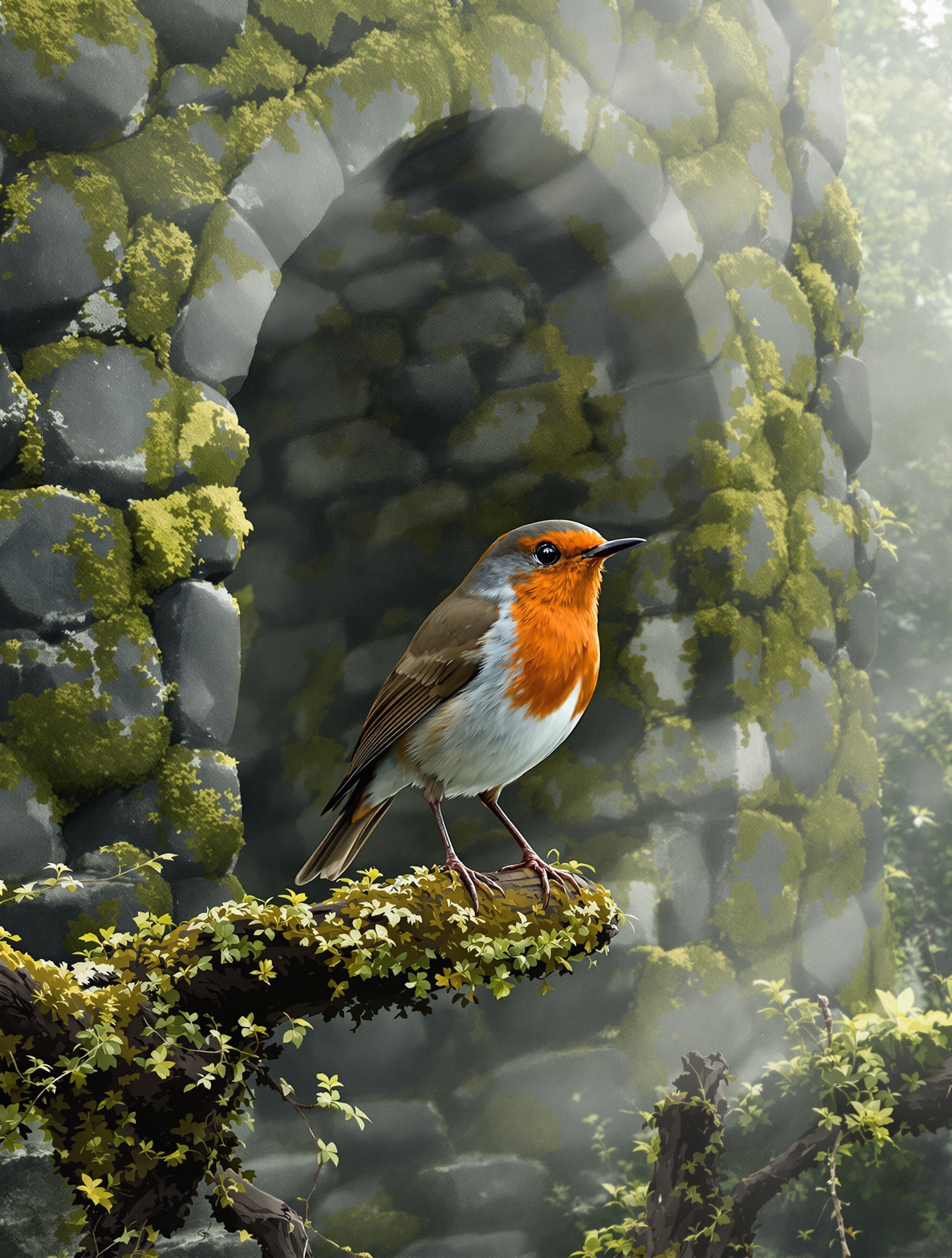 Rouge-gorge légendaire sur branche moussue