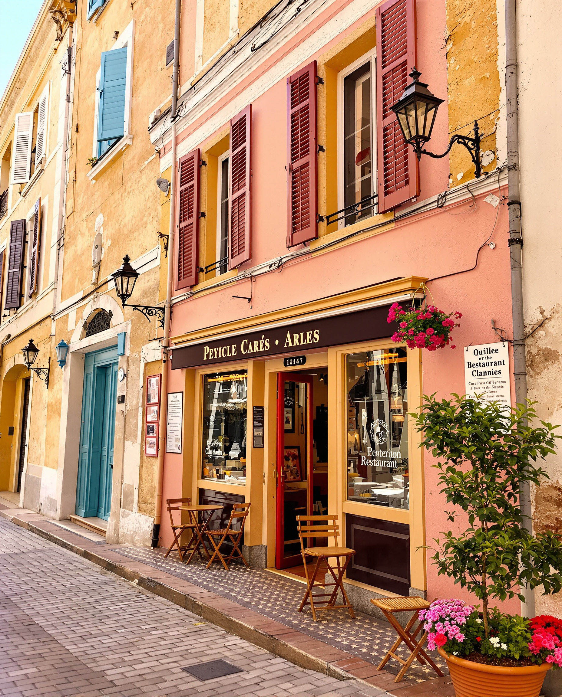 Une ruelle pavée et colorée du centre historique d'Arles, avec la façade d'un restaurant typique. L'image évoque le charme et l'invitation à la flânerie, au cœur de la ville.