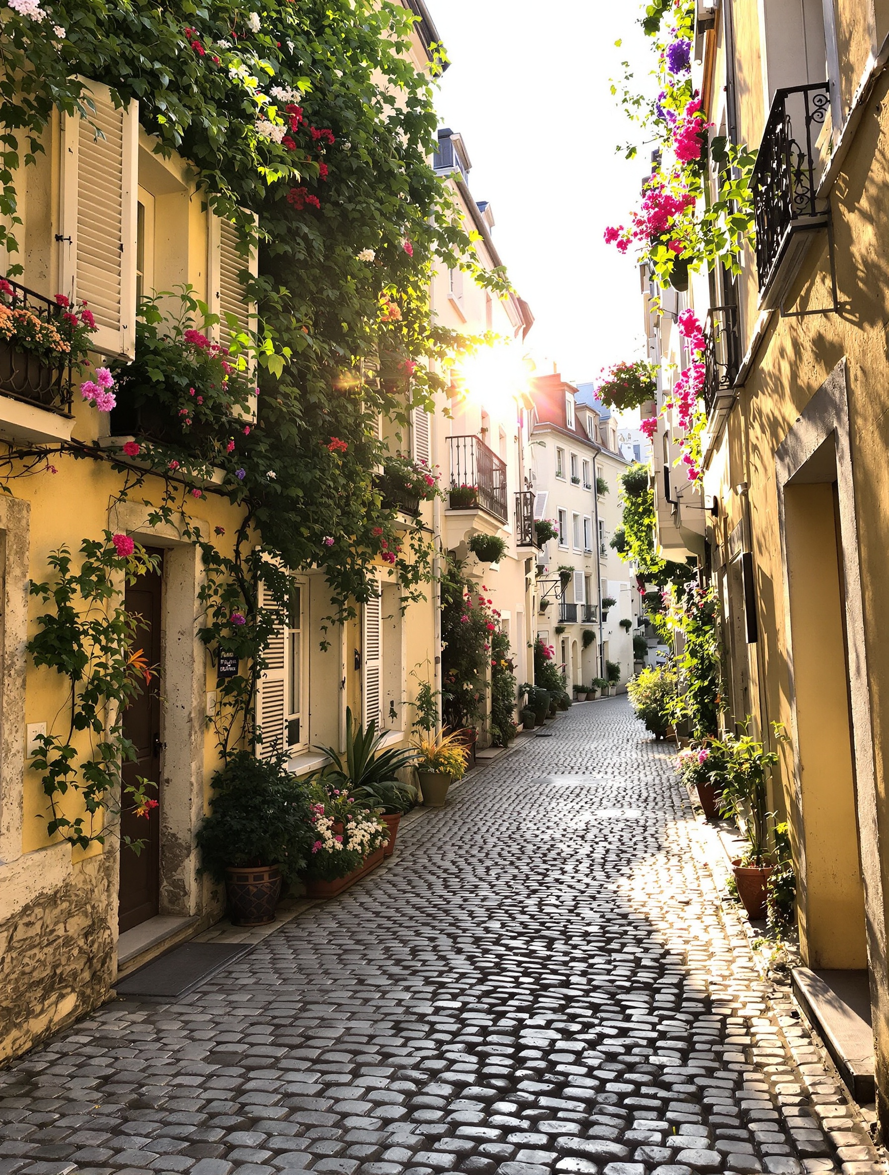 Ruelle pavée et fleurie de Montmartre au lever du soleil, capturant l'atmosphère bohème et intemporelle du quartier, loin de l'agitation des grands axes du 18ᵉ arrondissement.