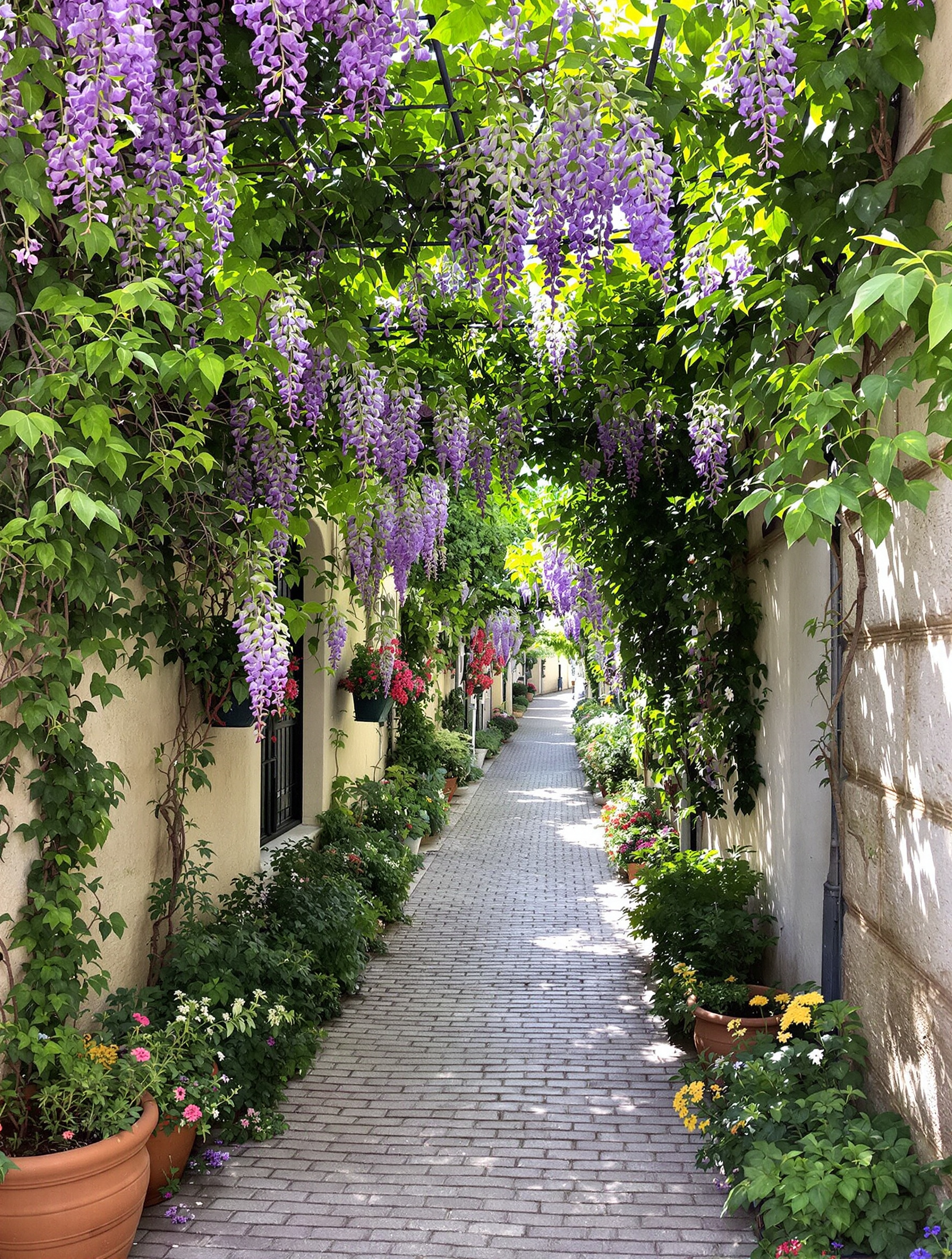 Une ruelle pavée et fleurie de la rue des Thermopyles avec glycine en fleurs