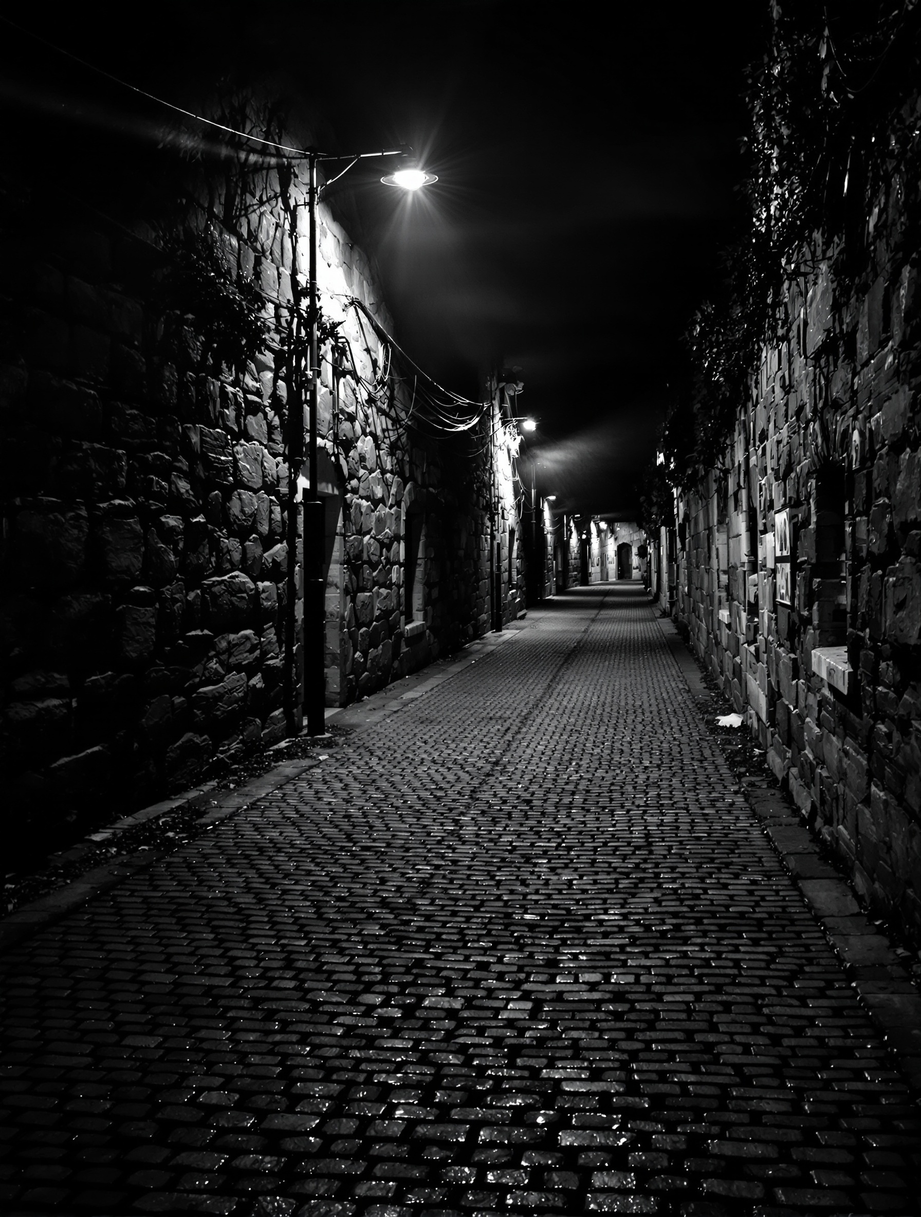 Photographie nocturne ruelle pavée déserte lampadaire ombres poésie urbaine