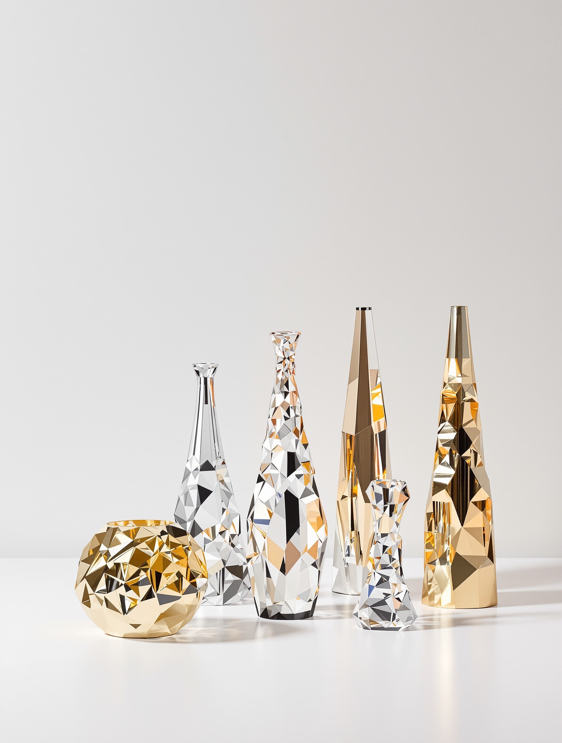 Exemple de pièces en cristal Saint Louis avec différentes finitions métalliques : dorée, argentée et cuivrée, montrant l'impact sur le rendu visuel.