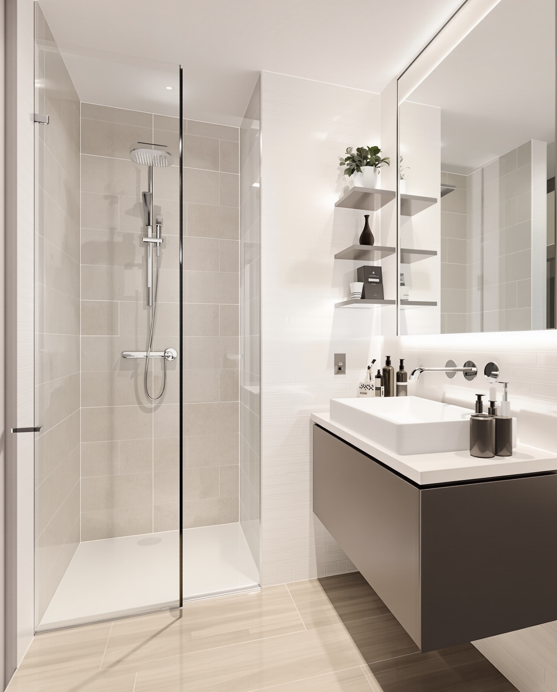 Salle de bain compacte optimisée avec douche à l’italienne, meuble suspendu, miroir XXL, couleurs claires et accessoires design.