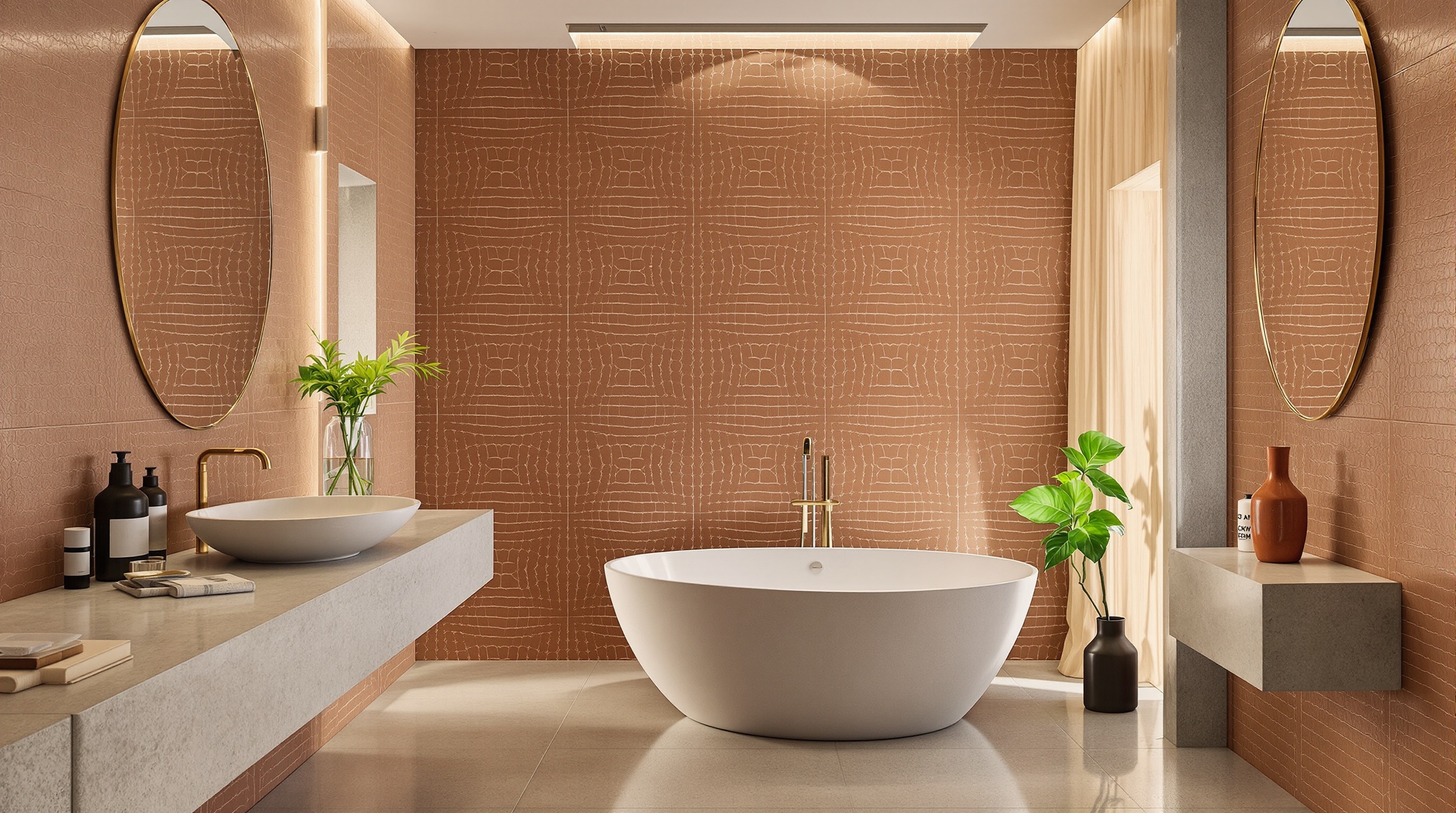 Salle de bain contemporaine osée avec carrelage 3D terreux, vasque zellige, béton ciré et bois clair.