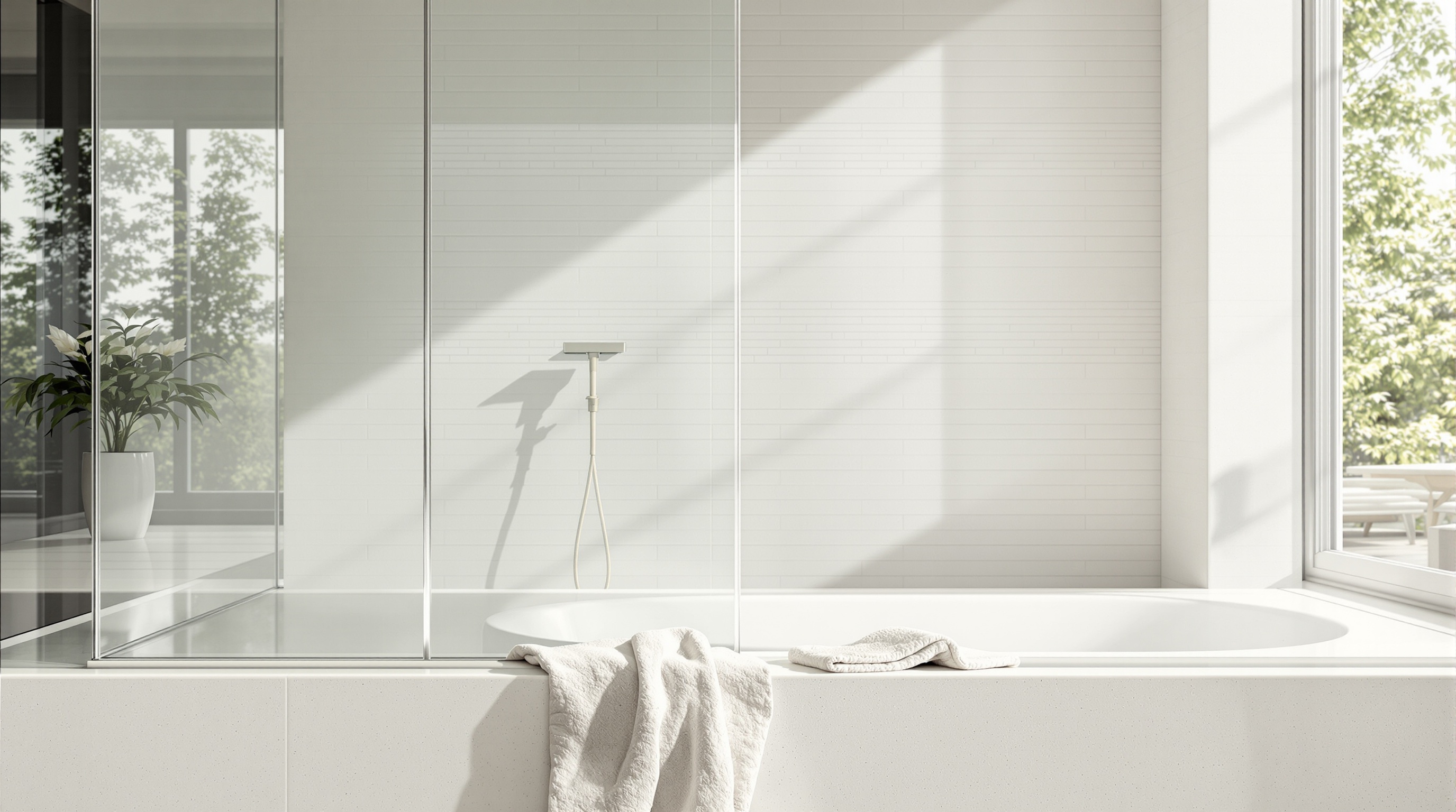 Salle de bain lumineuse et impeccable avec raclette posée