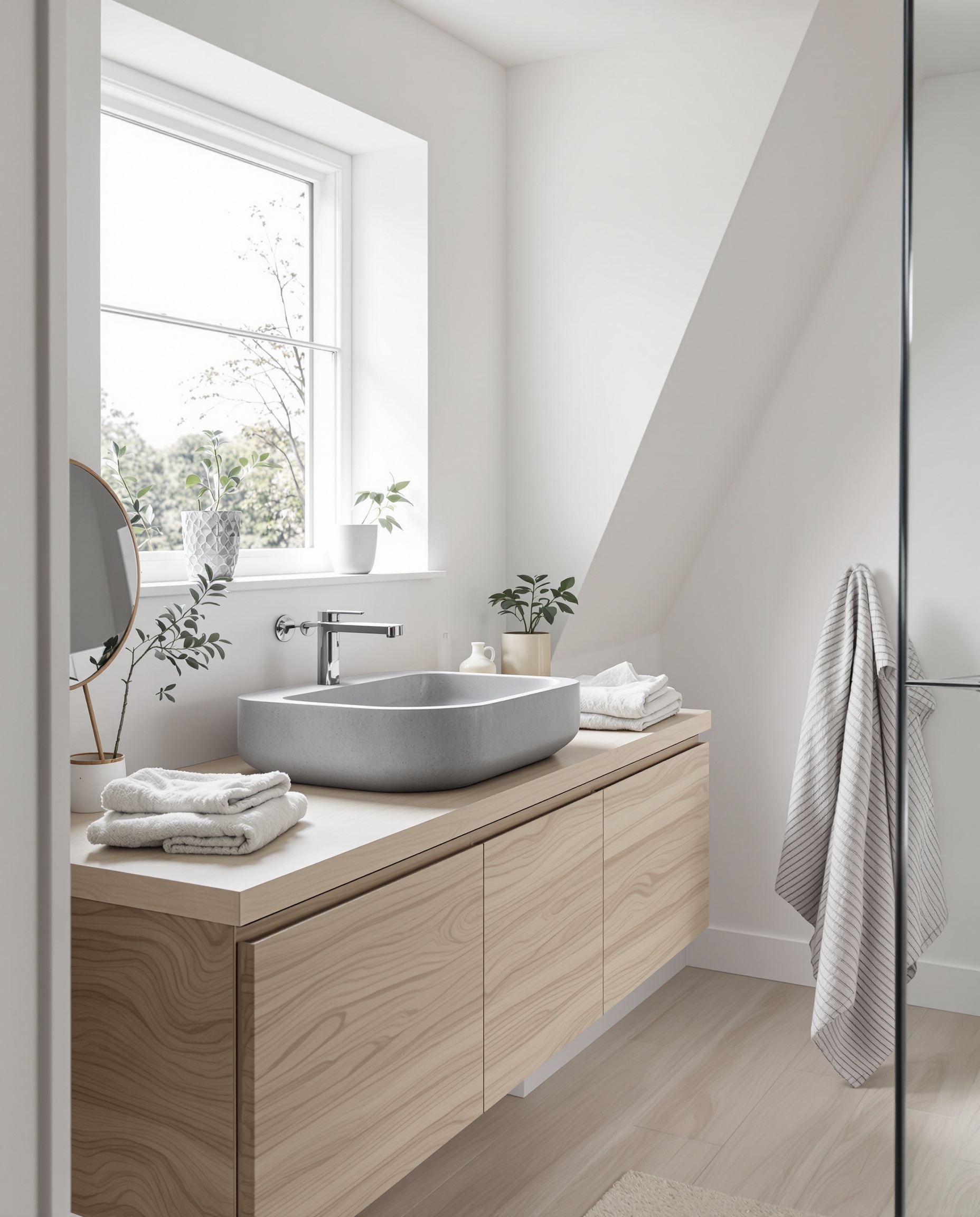 Salle de bain scandinave lumineuse meuble vasque bois clair béton ciré gris mariage inattendu.