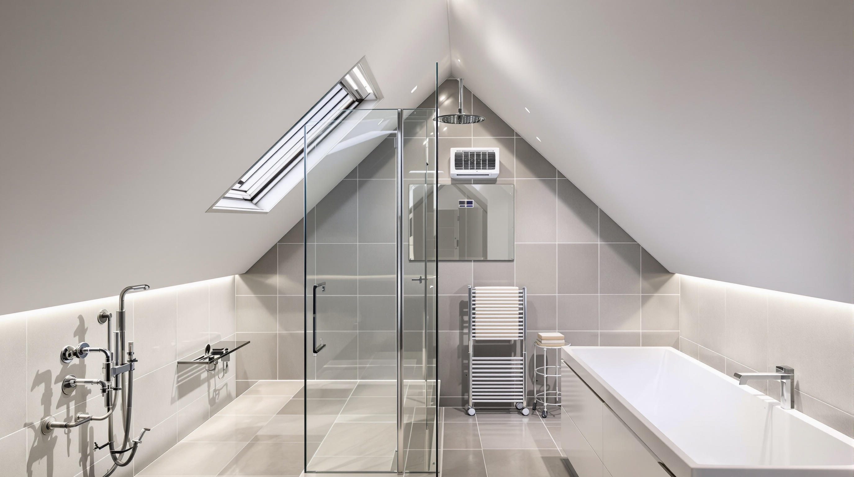 Plomberie visible salle de bain sous pente gain place VMC spots LED design