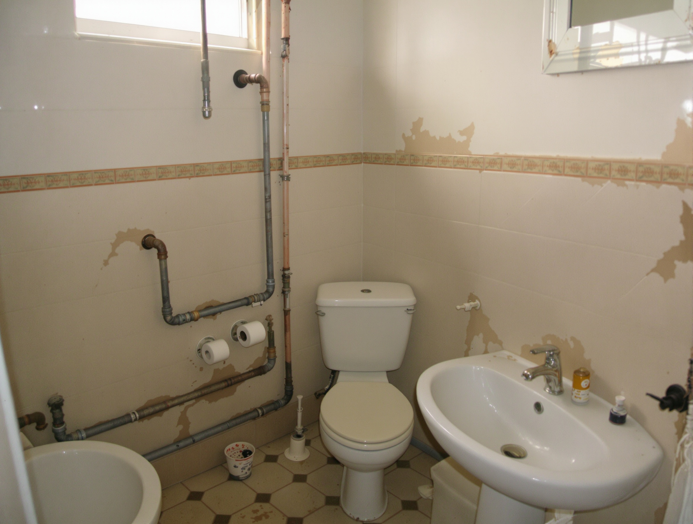 Salle de bains avant rénovation montrant plomberie et carrelage.